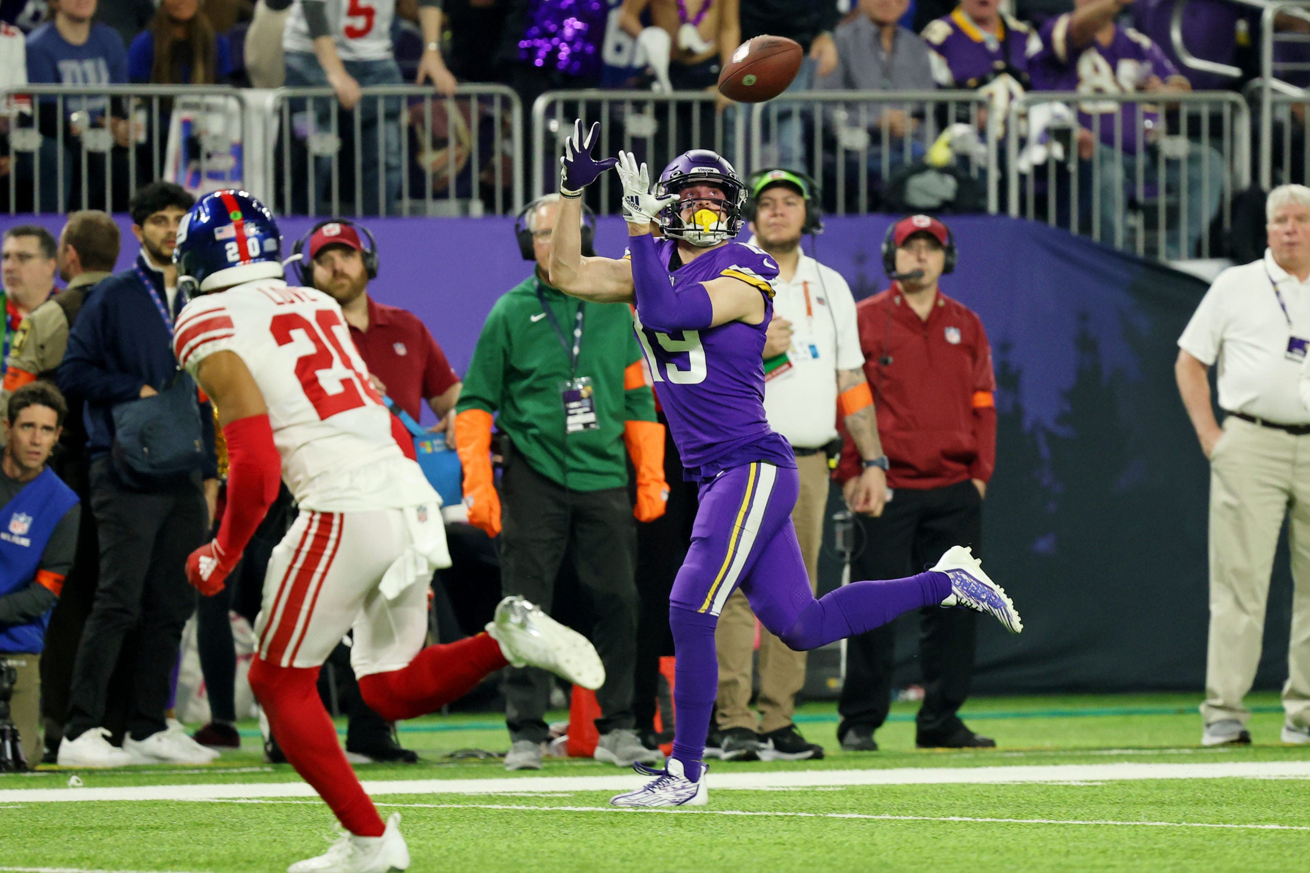 Jan 15, 2023; Minneapolis, Minnesota, USA; Minnesota Vikings wide receiver Adam Thielen (19) makes a catch against the New York Giants during the third quarter of a wild card game at U.S. Bank Stadium. Mandatory Credit: Matt Krohn-USA TODAY Sports