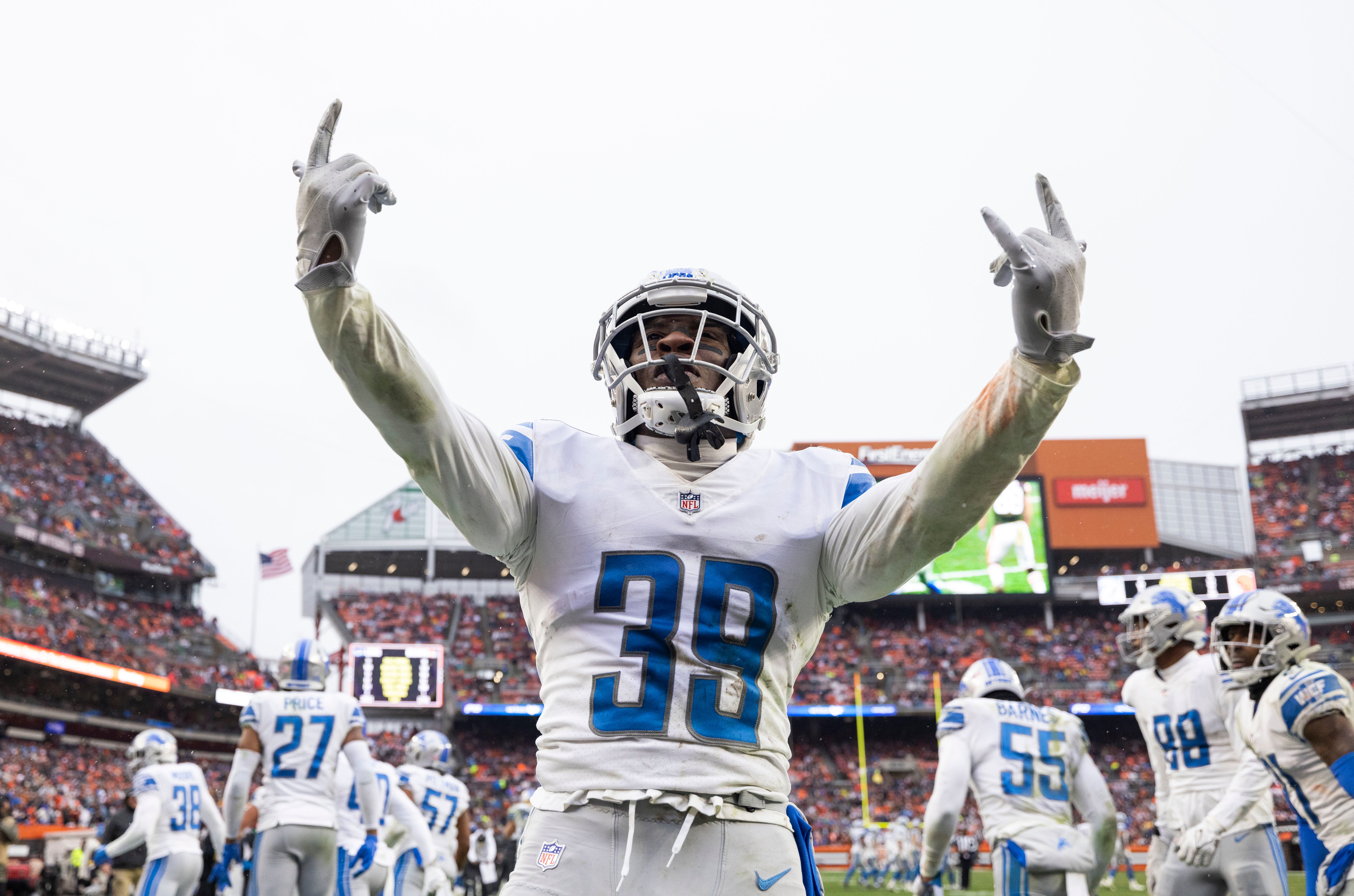Nov 21, 2021; Cleveland, Ohio, USA; Detroit Lions cornerback Jerry Jacobs (39) celebrates the team s interception against the Cleveland Browns during the fourth quarter at FirstEnergy Stadium. Mandatory Credit: Scott Galvin-USA TODAY Sports