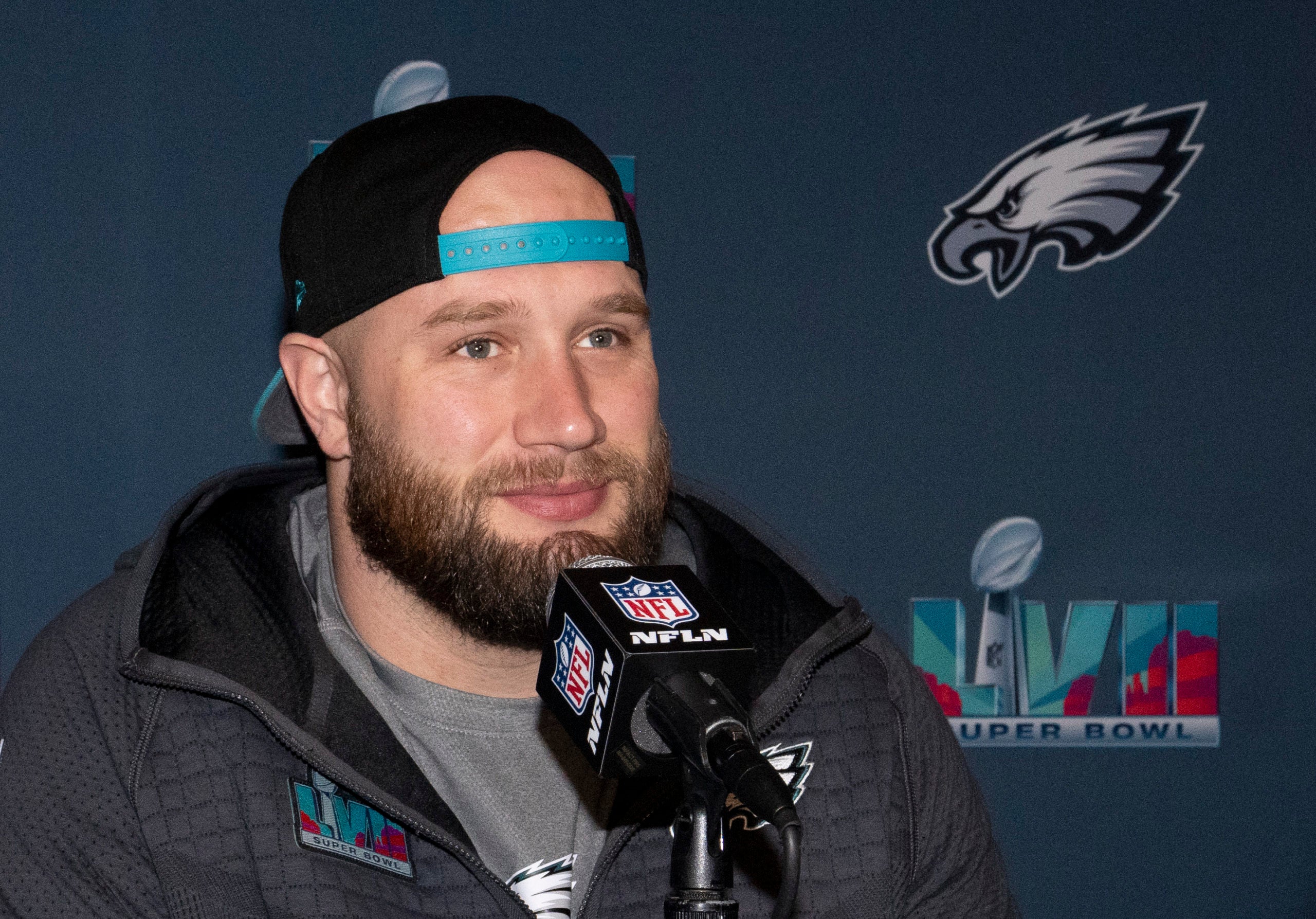 Feb 7, 2023; Scottsdale, AZ, USA;  Philadelphia Eagles offensive tackle Lane Johnson during a press conference at the Sheraton Grand before Super Bowl LVII against the Kansas City Chiefs. Mandatory Credit: Cheryl Evans-Chow-USA TODAY Sports