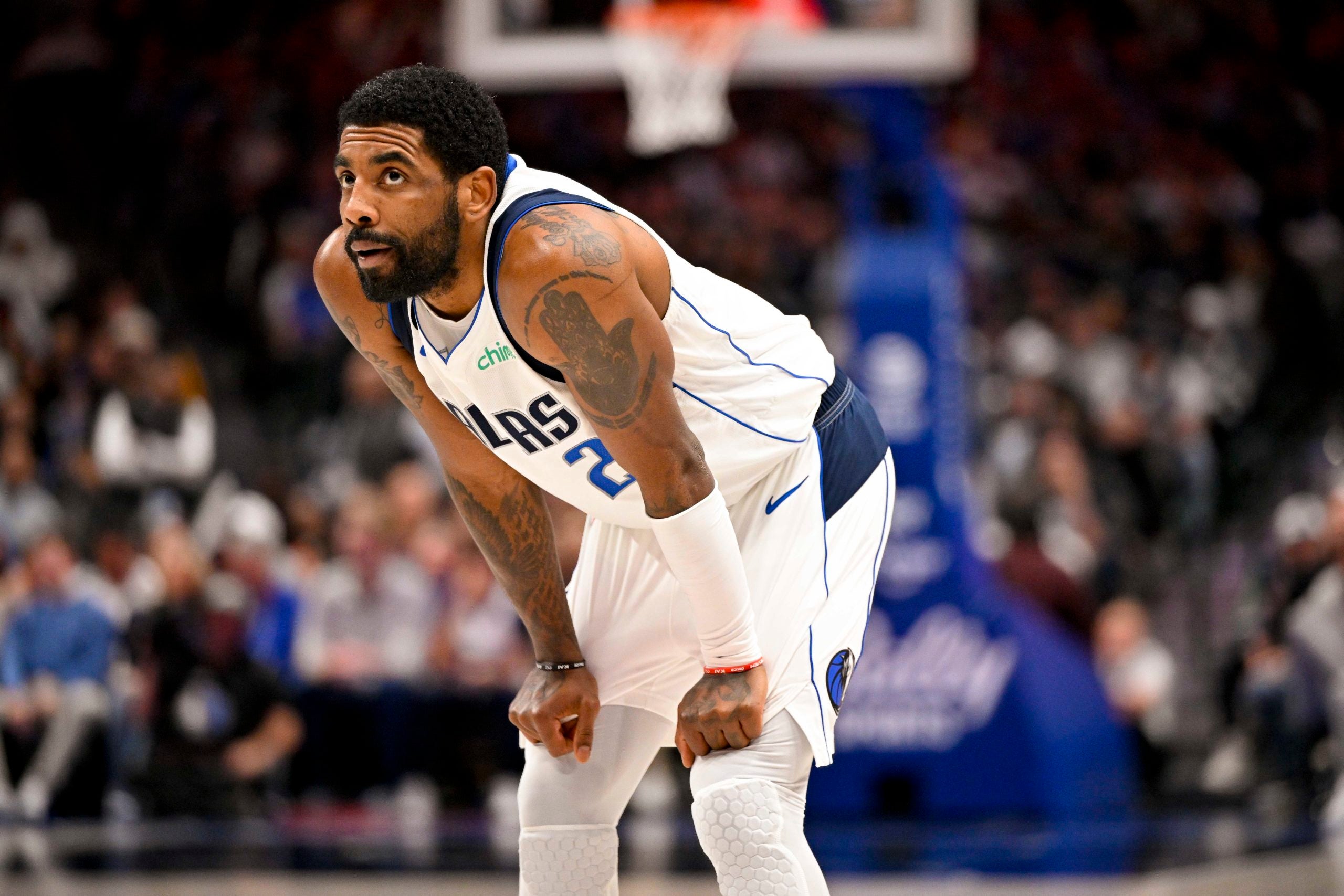 Feb 23, 2023; Dallas, Texas, USA; Dallas Mavericks guard Kyrie Irving (2) waits for play to resume against the San Antonio Spurs during the second half at the American Airlines Center