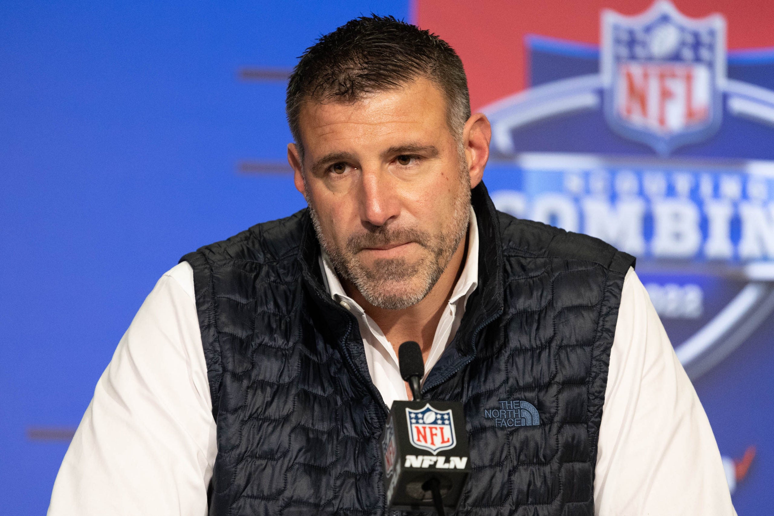Mar 2, 2022; Indianapolis, IN, USA; Tennessee Titans head coach Mike Vrabel talks to the media during the 2022 NFL Combine. Mandatory Credit: Trevor Ruszkowski-USA TODAY Sports