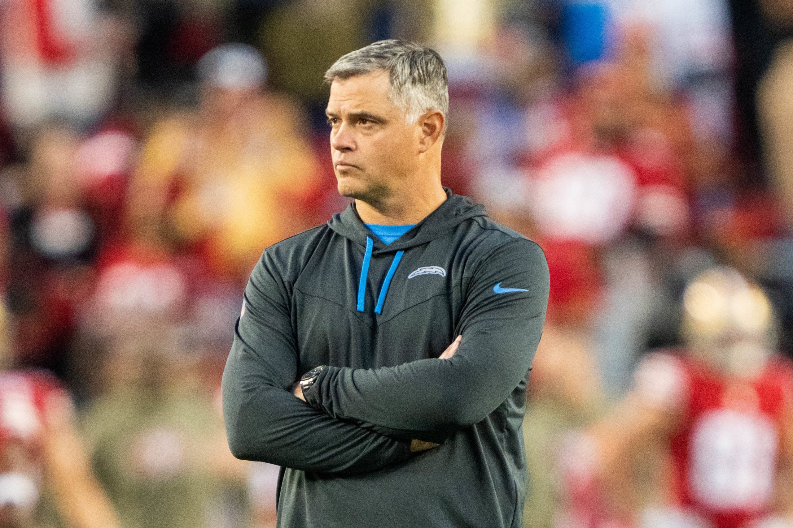 November 13, 2022; Santa Clara, California, USA; Los Angeles Chargers offensive coordinator Joe Lombardi before the game against the San Francisco 49ers at Levi's Stadium. Mandatory Credit: Kyle Terada-USA TODAY Sports