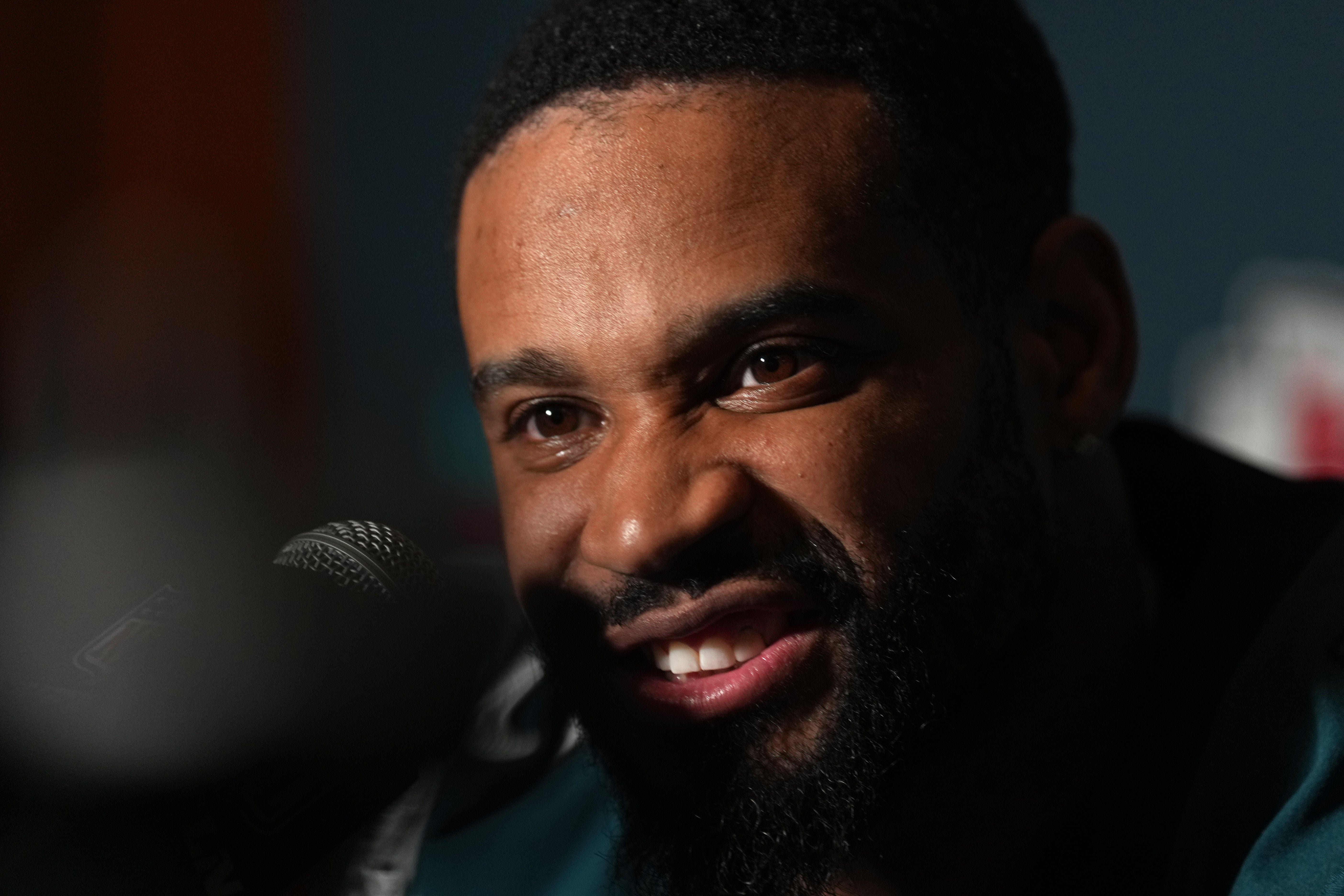 Scottsdale, AZ, USA; Darius Slay of the Philadelphia Eagles speaks during a Super Bowl LVII press conference at Sheraton Grand at Wild Horse Pass