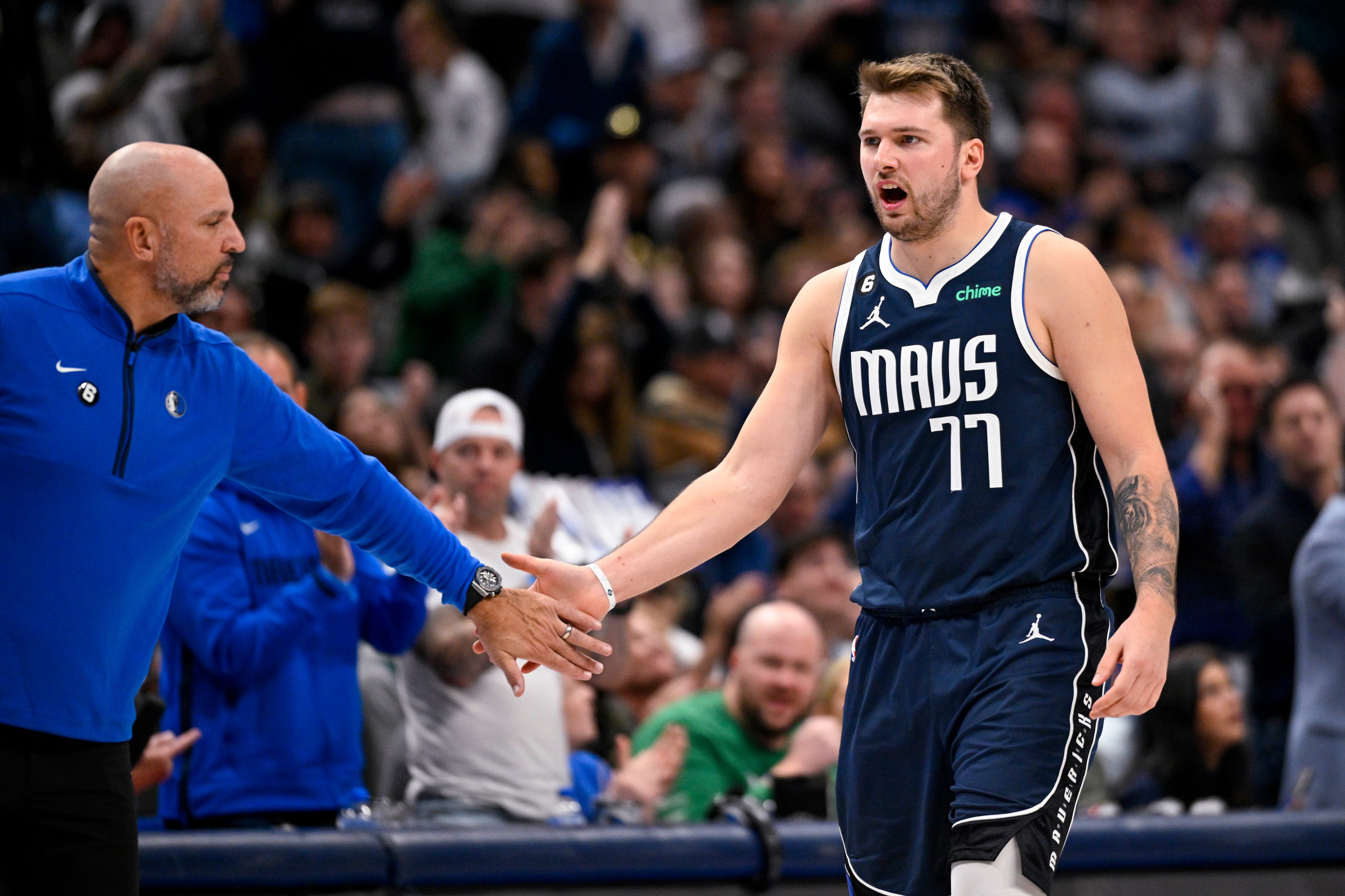 Nov 20, 2022; Dallas, Texas, USA; Dallas Mavericks guard Luka Doncic (77) and head coach Jason Kidd during the game between the Dallas Mavericks and the Denver Nuggets at the American Airlines Center.