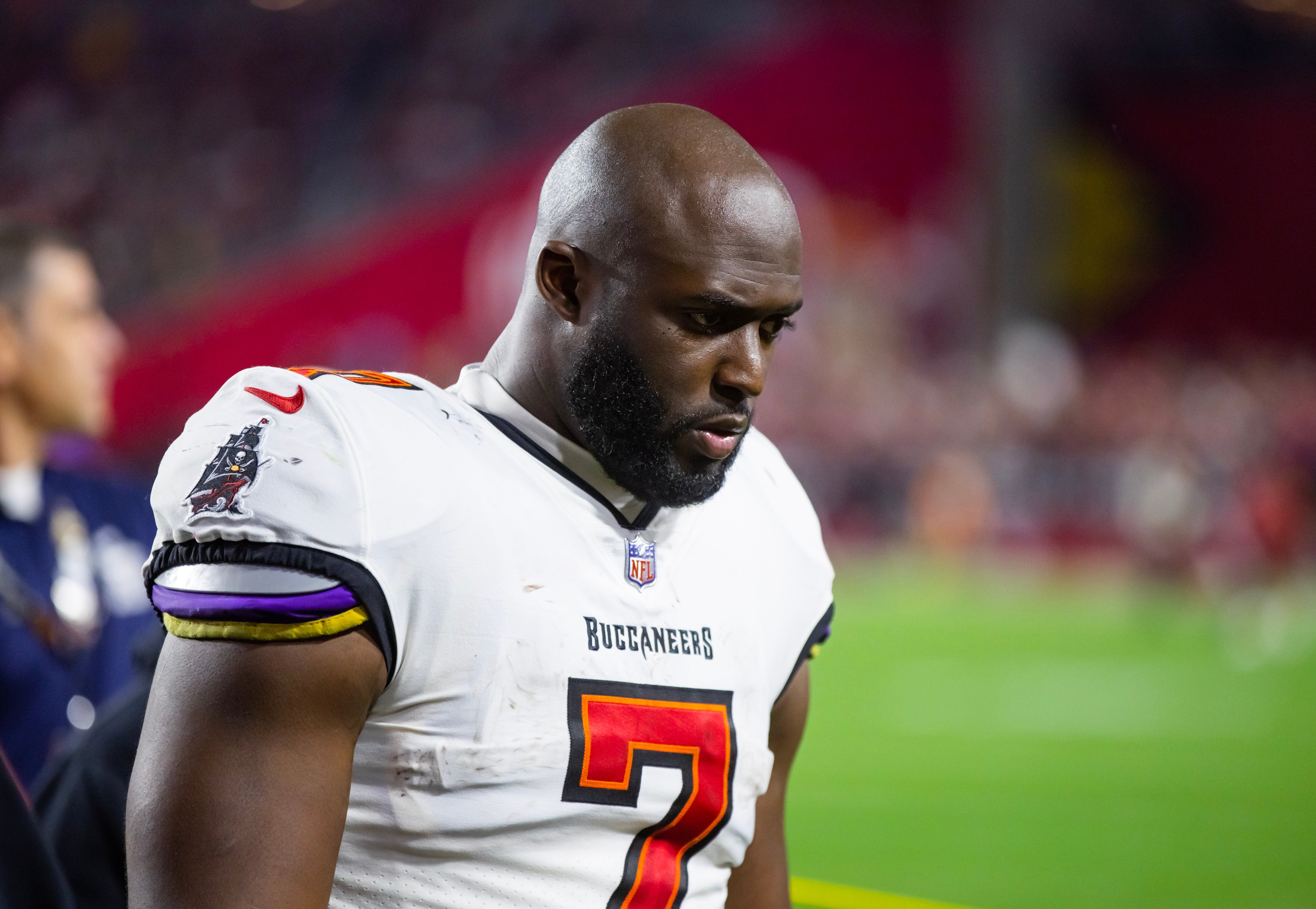 Dec 25, 2022; Glendale, Arizona, USA; Tampa Bay Buccaneers running back Leonard Fournette (7) against the Arizona Cardinals at State Farm Stadium. Mandatory Credit: Mark J. Rebilas-USA TODAY Sports