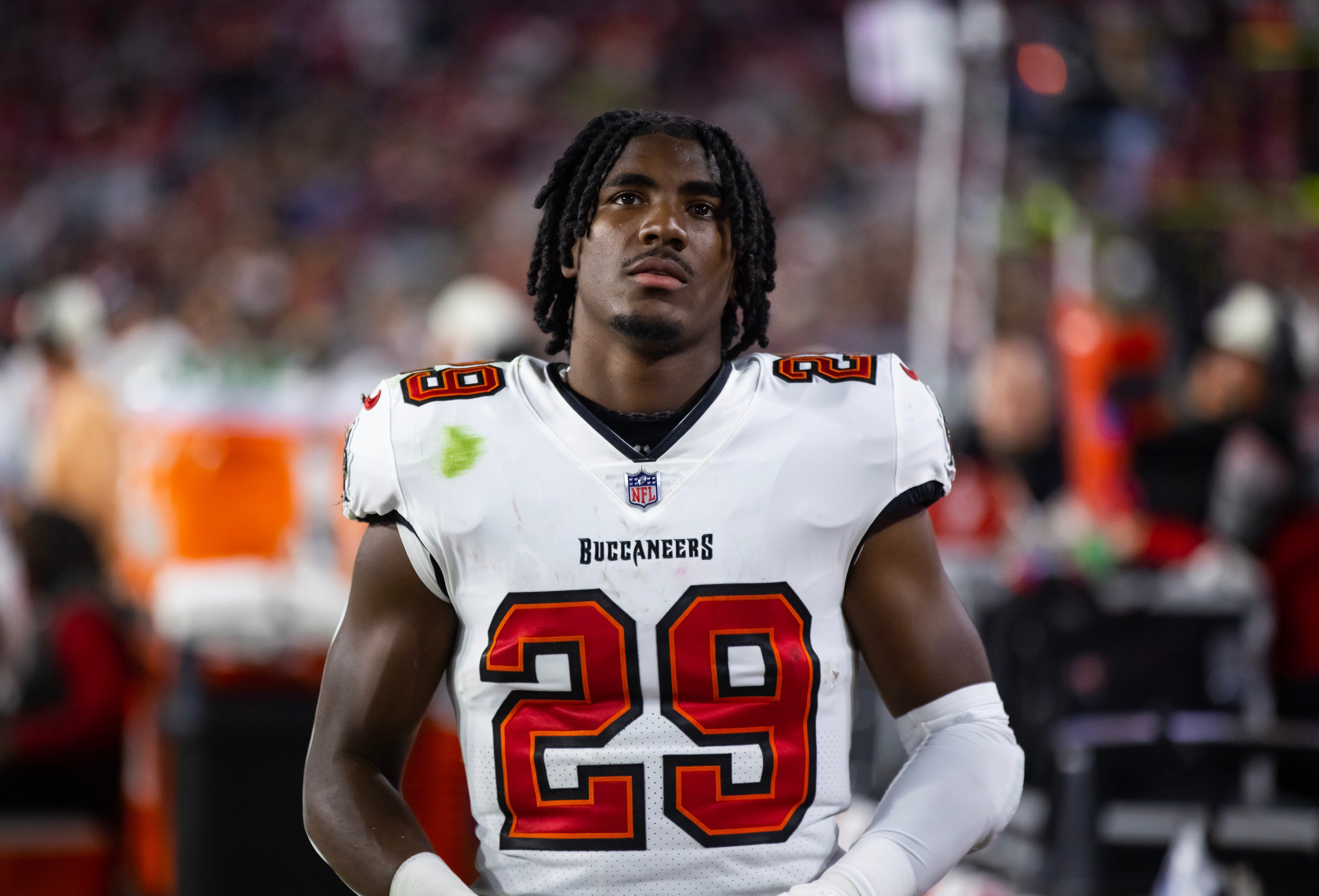 Dec 25, 2022; Glendale, Arizona, USA; Tampa Bay Buccaneers running back Rachaad White (29) against the Arizona Cardinals at State Farm Stadium. Mandatory Credit: Mark J. Rebilas-USA TODAY Sports