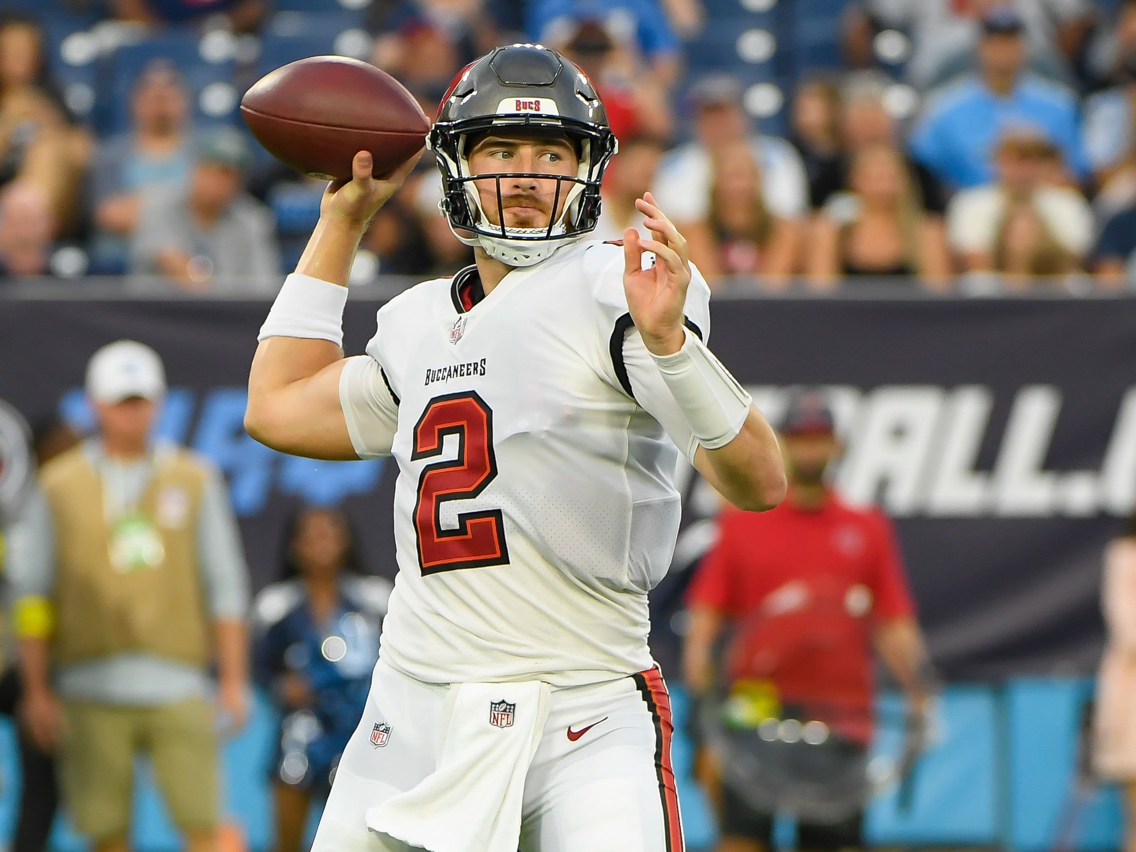 Aug 20, 2022; Nashville, Tennessee, USA; Tampa Bay Buccaneers quarterback Kyle Trask (2) throws a pass against the Tennessee Titans during the first half at Nissan Stadium. Mandatory Credit: Steve Roberts-USA TODAY Sports
