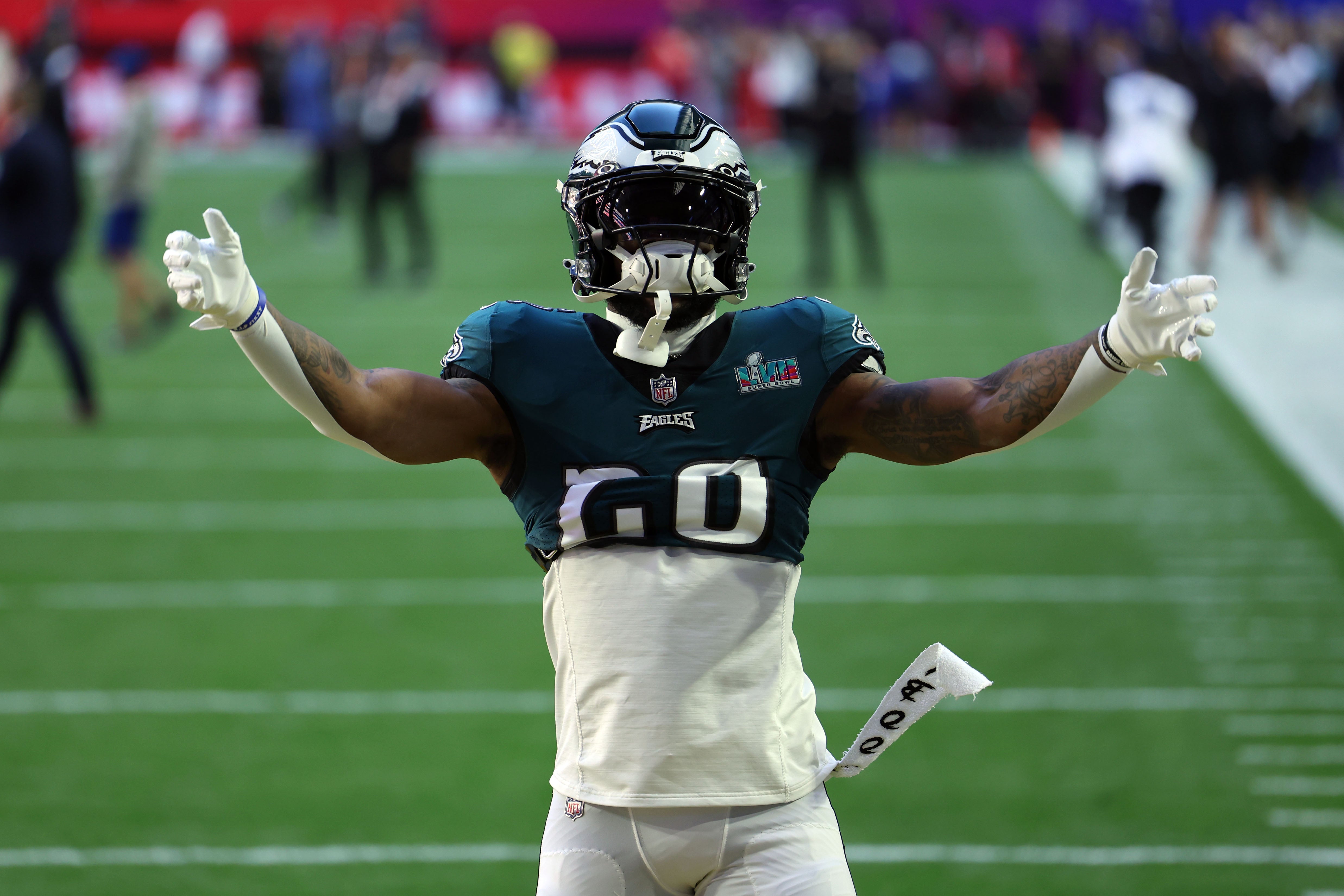 Feb 12, 2023; Glendale, Arizona, US; Philadelphia Eagles running back Miles Sanders (26) warms up before Super Bowl LVII against the Kansas City Chiefs at State Farm Stadium. Mandatory Credit: Bill Streicher-USA TODAY Sports