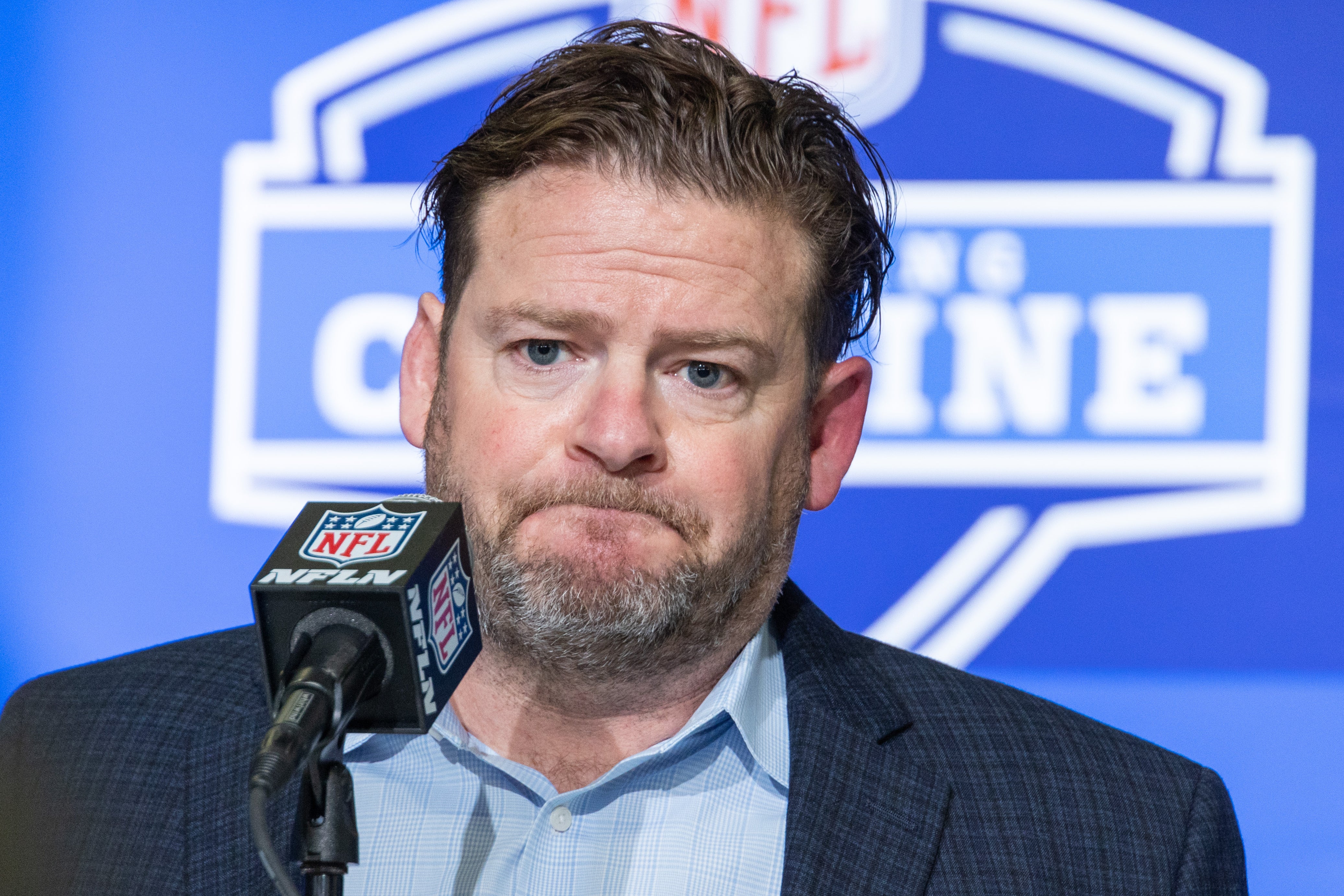 Feb 28, 2023; Indianapolis, IN, USA; Seattle Seahawks general manager John Schneider speaks to the press at the NFL Combine at Lucas Oil Stadium.