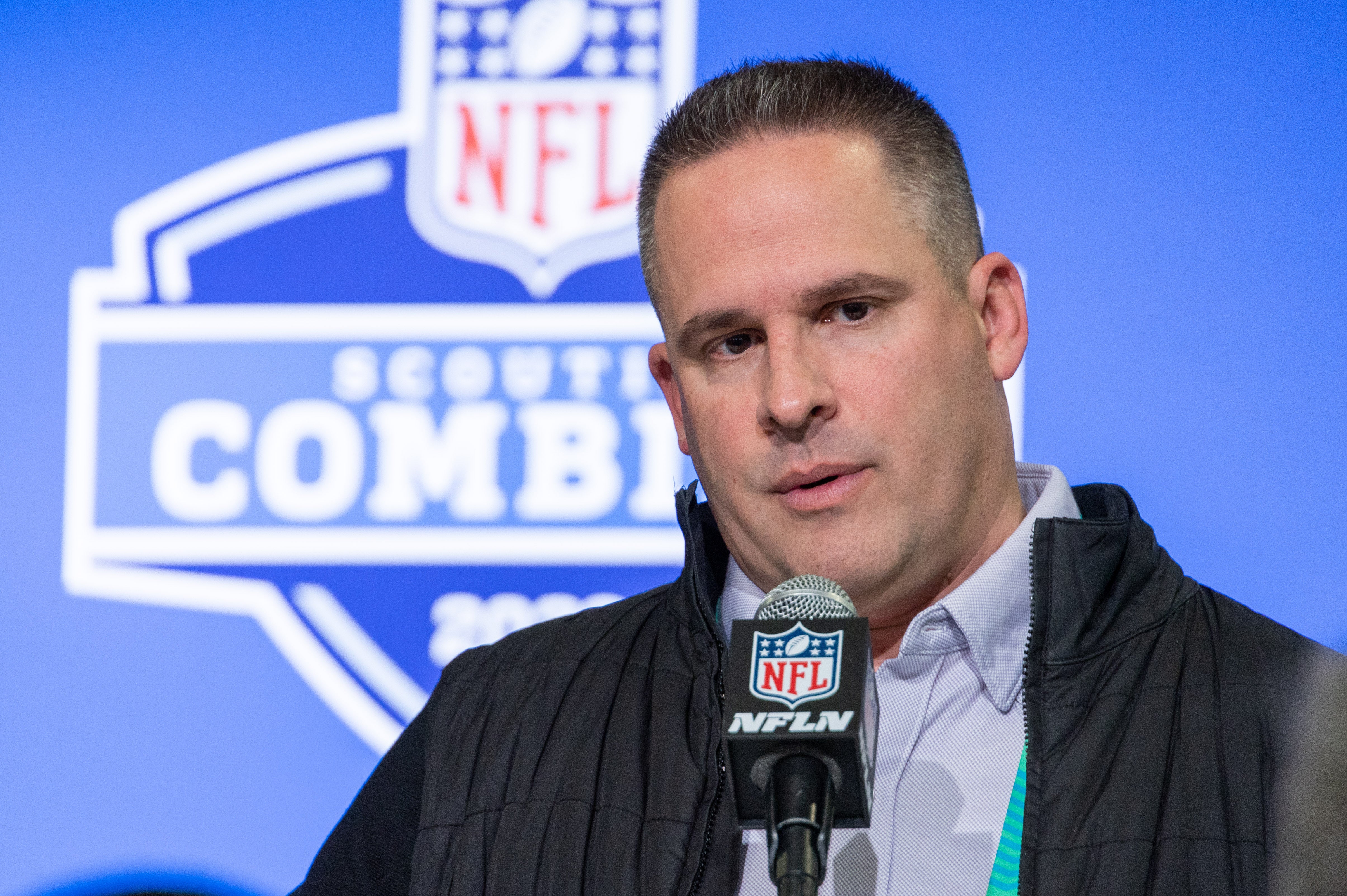 Feb 28, 2023; Indianapolis, IN, USA; Las Vegas Raiders coach Josh McDaniels speaks to the press at the NFL Combine at Lucas Oil Stadium.