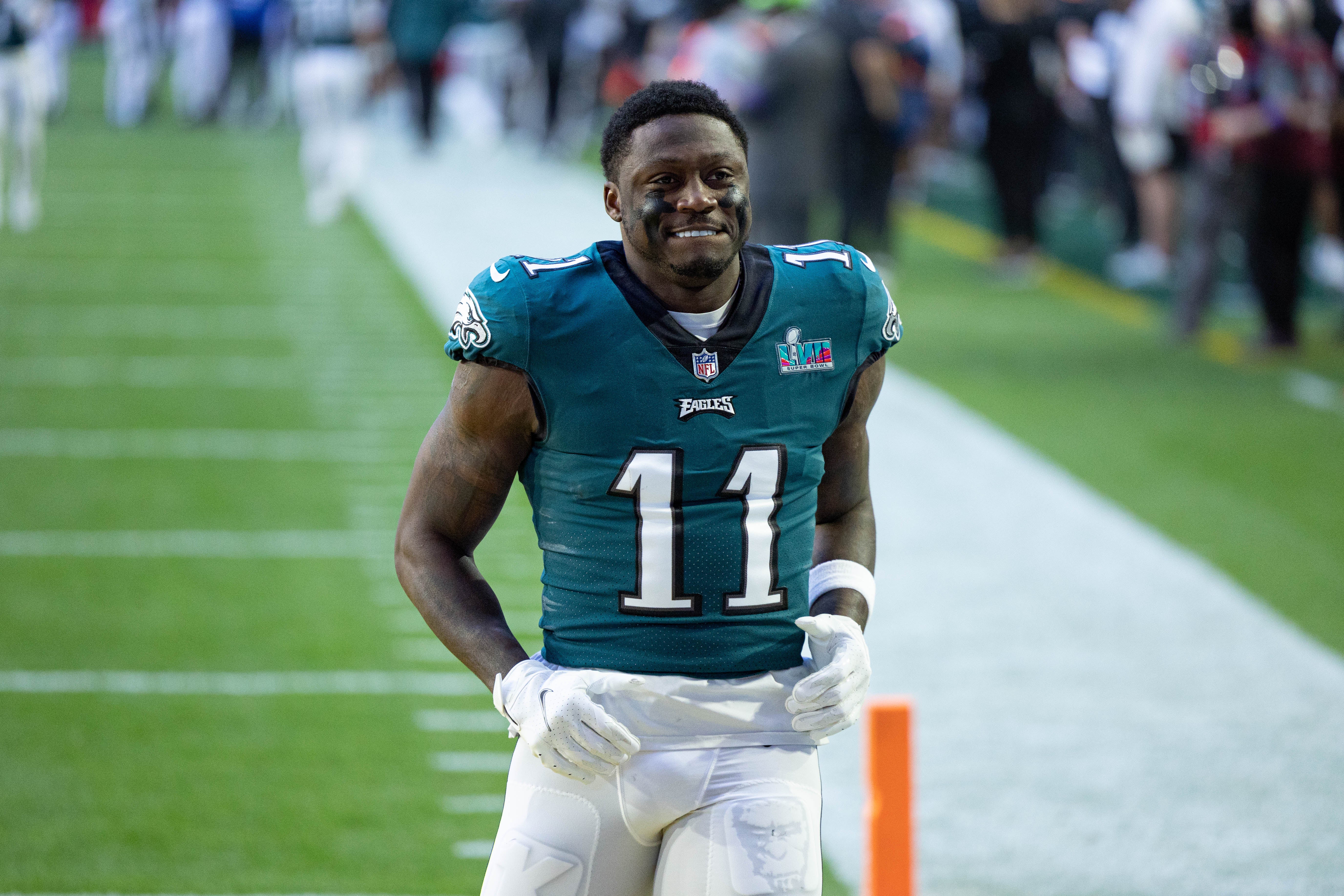 Feb 12, 2023; Glendale, Arizona, US; Philadelphia Eagles wide receiver A.J. Brown (11) before action against the Kansas City Chiefs in Super Bowl LVII at State Farm Stadium