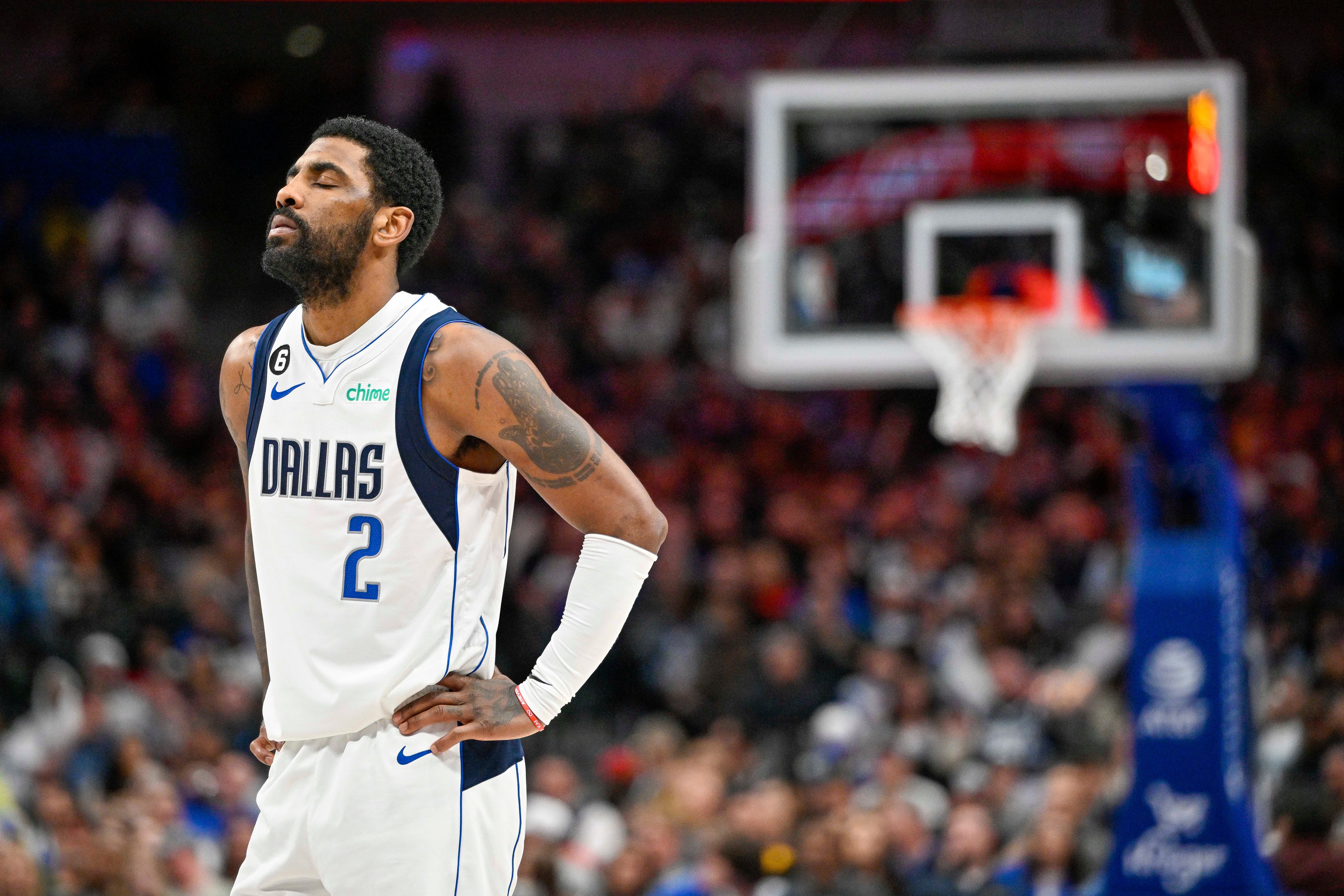 Feb 23, 2023; Dallas, Texas, USA; Dallas Mavericks guard Kyrie Irving (2) during the game between the Dallas Mavericks and the San Antonio Spurs at American Airlines Center.