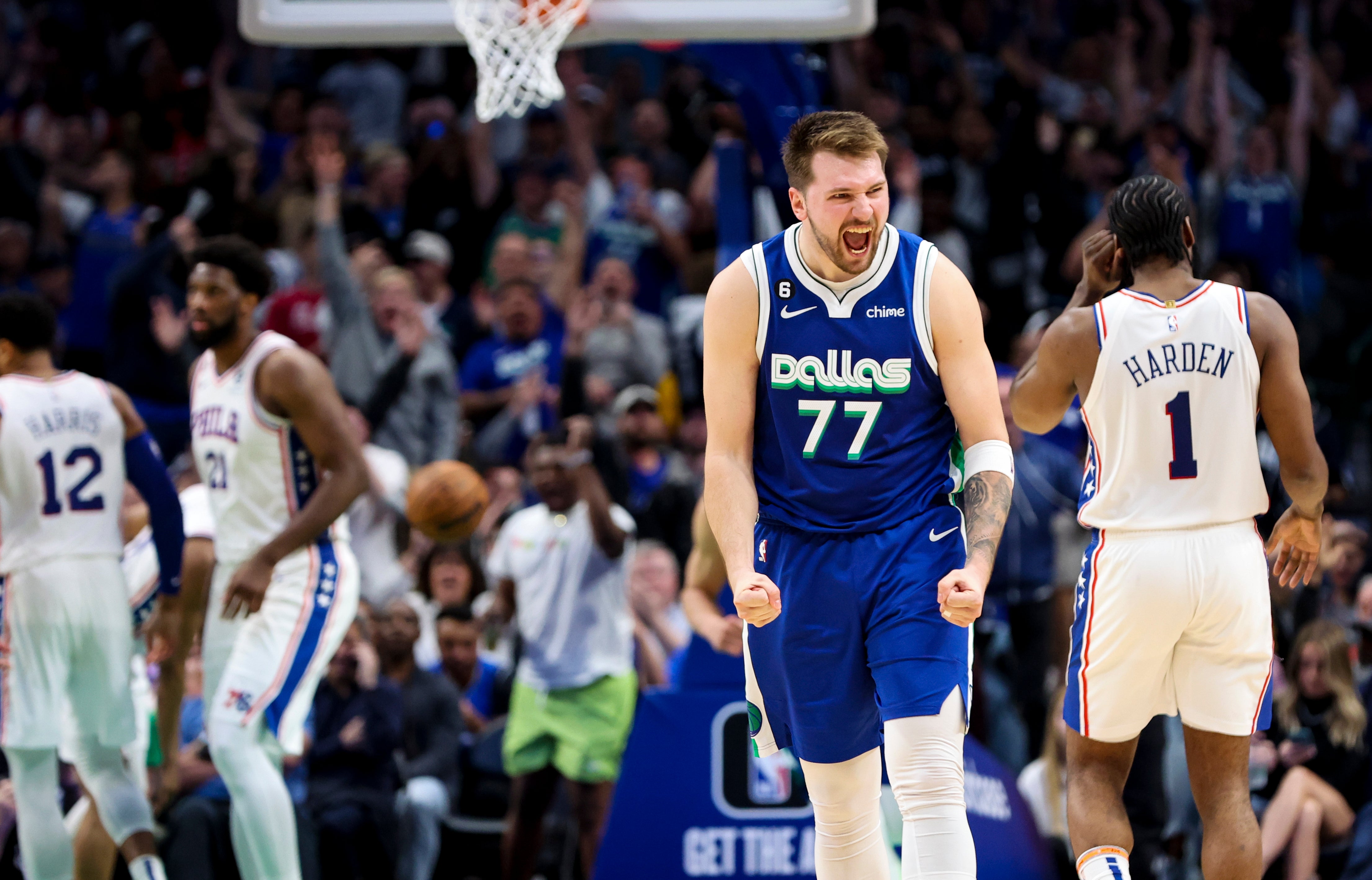 Mar 2, 2023; Dallas, Texas, USA; Dallas Mavericks guard Luka Doncic (77) reacts during the second half against the Philadelphia 76ers at American Airlines Center.