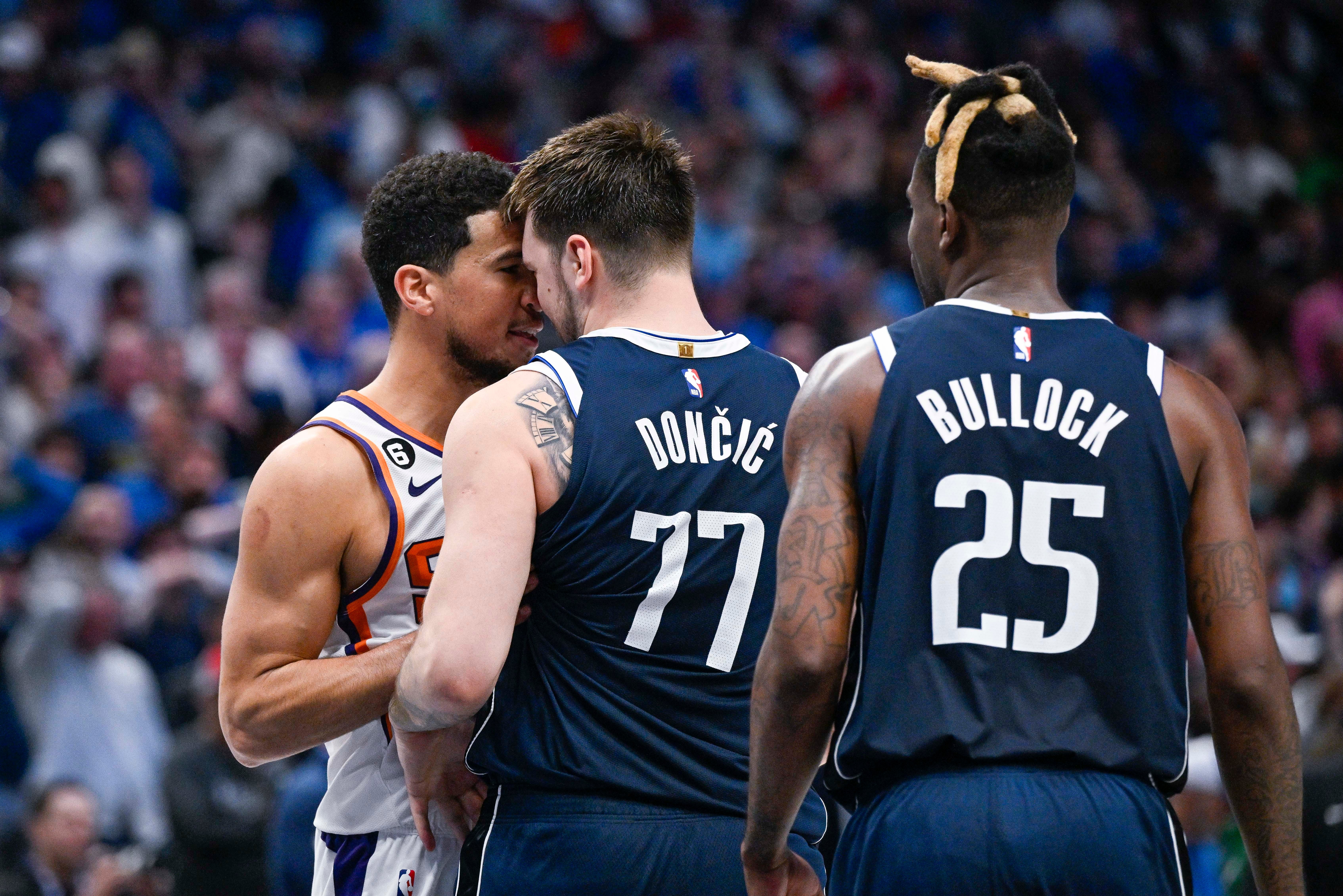 Mar 5, 2023; Dallas, Texas, USA; Dallas Mavericks guard Luka Doncic (77) runs back up the court after making a shot against the Phoenix Suns during the second quarter at the American Airlines Center.