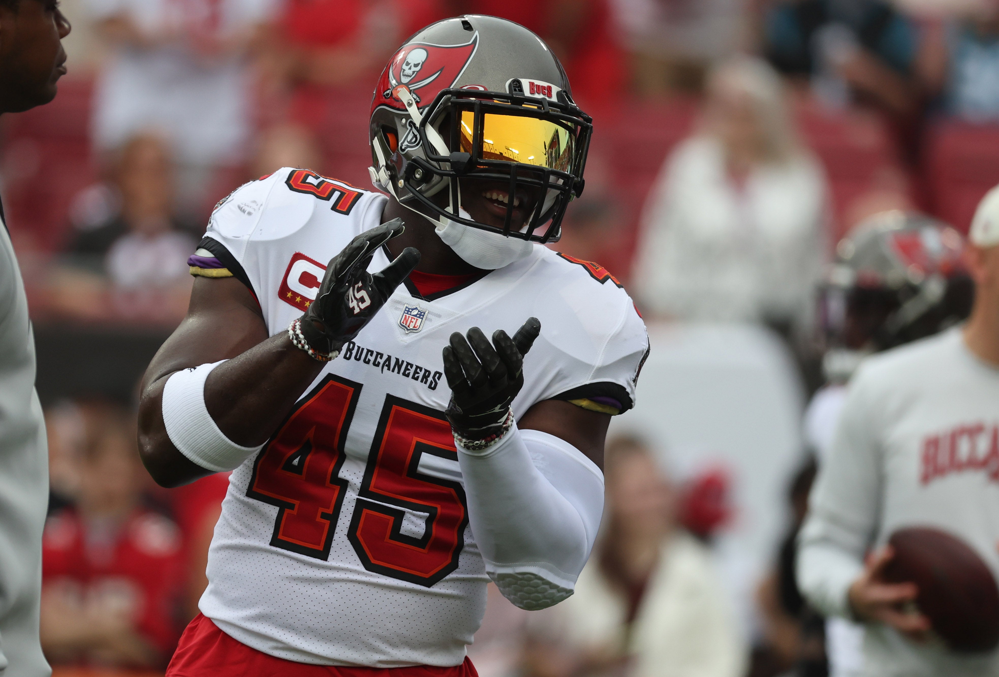 Jan 1, 2023; Tampa, Florida, USA; Tampa Bay Buccaneers linebacker Devin White (45) smiles prior to the game against the Carolina Panthers at Raymond James Stadium. Mandatory Credit: Kim Klement-USA TODAY Sports