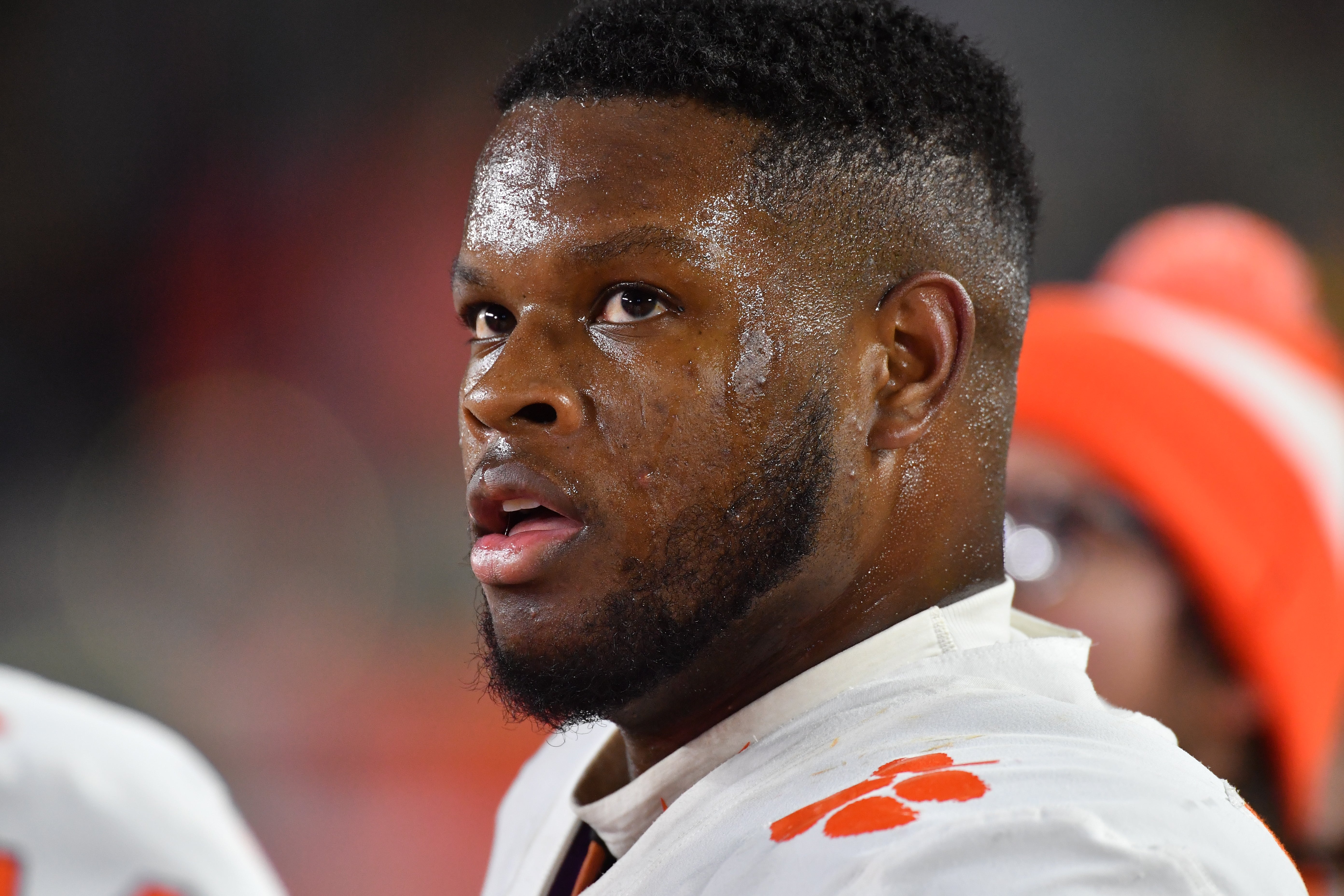 Nov 5, 2022; South Bend, Indiana, USA; Clemson Tigers defensive lineman Myles Murphy (98) pauses on the bench in the first half against the Notre Dame Fighting Irish at Notre Dame Stadium. Mandatory Credit: Matt Cashore-USA TODAY Sports