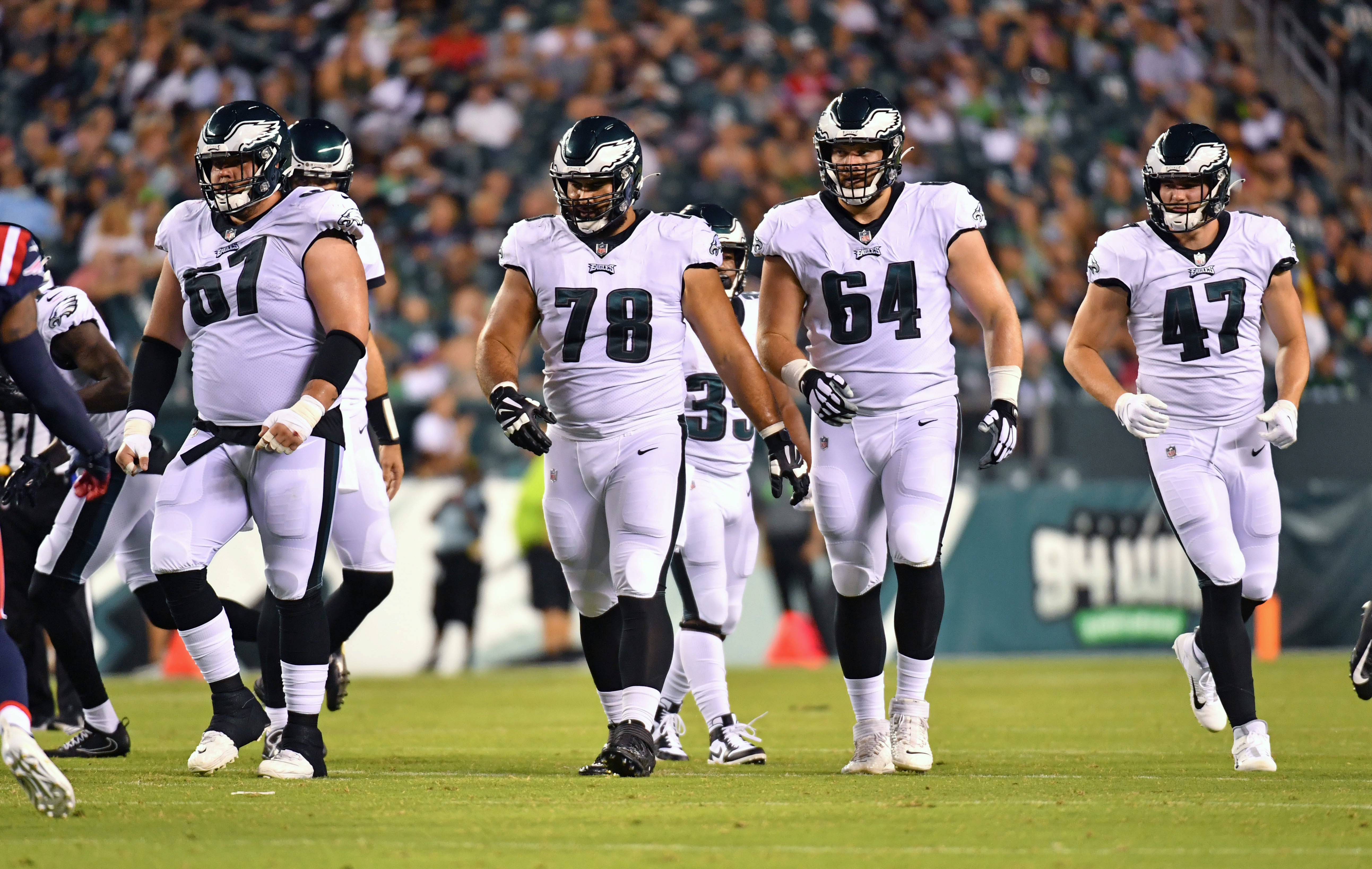 Aug 19, 2021; Philadelphia, Pennsylvania, USA; Philadelphia Eagles offensive guard Nate Herbig (67), offensive guard Sua Opeta (78), offensive tackle Brett Toth (64) and tight end Jack Stoll (47) against the New England Patriots at Lincoln Financial Field. Mandatory Credit: Eric Hartline-USA TODAY Sports