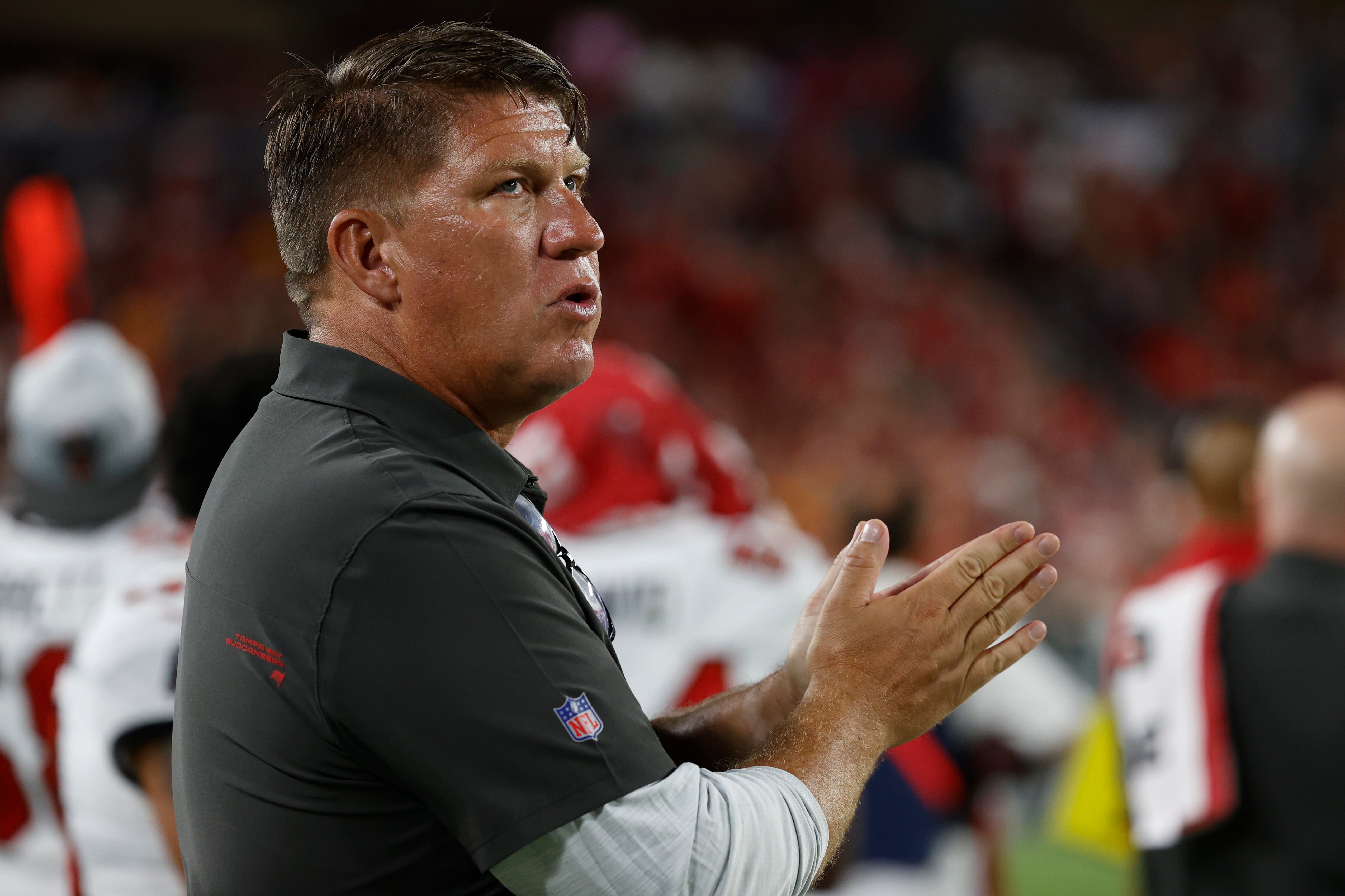 Aug 14, 2021; Tampa, Florida, USA; Tampa Bay Buccaneers general manager Jason Licht during the second quarter against the Cincinnati Bengals at Raymond James Stadium. Mandatory Credit: Kim Klement-USA TODAY Sports