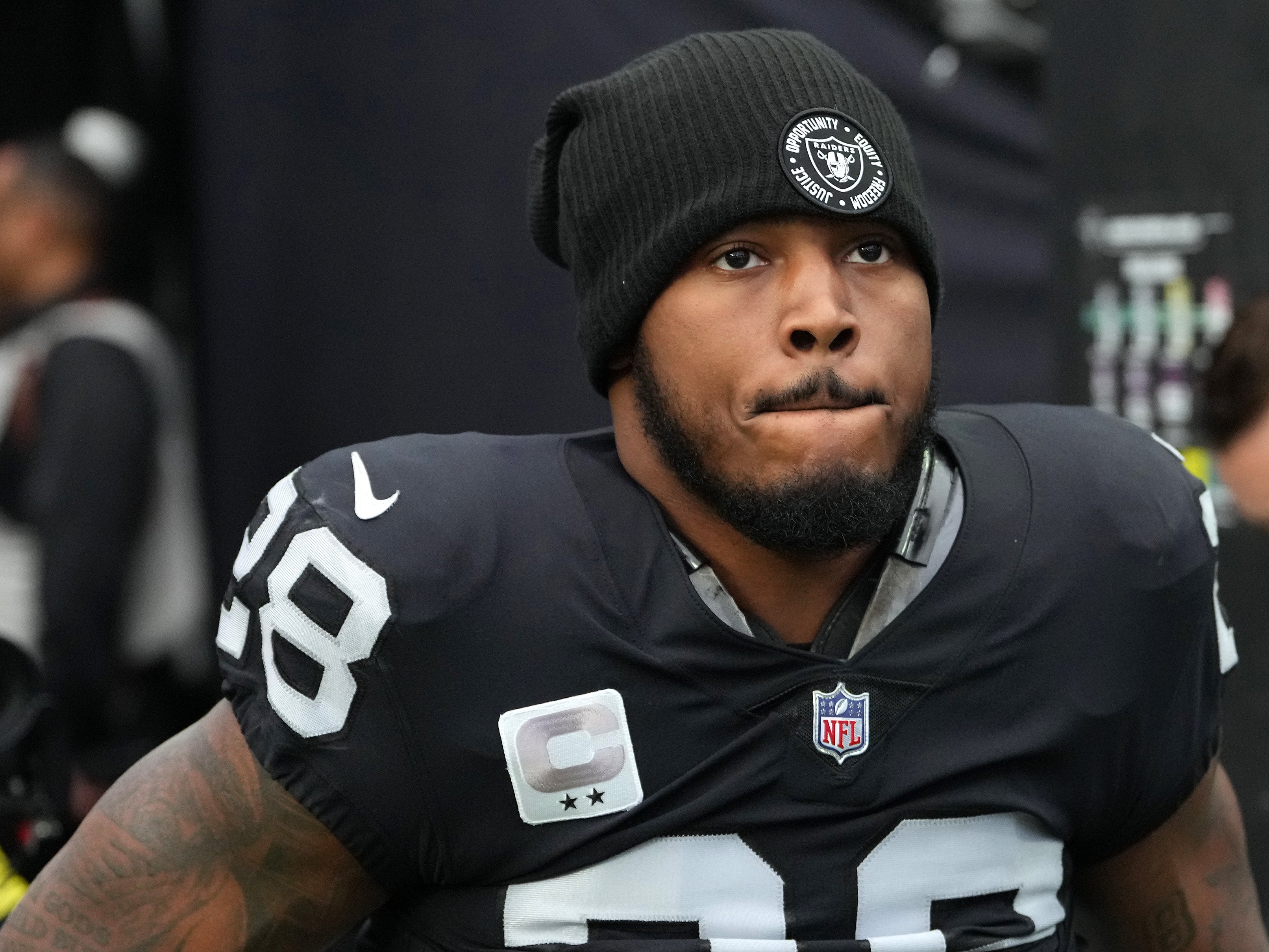 Dec 18, 2022; Paradise, Nevada, USA; Las Vegas Raiders running back Josh Jacobs (28) warms up before a game against the New England Patriots at Allegiant Stadium.