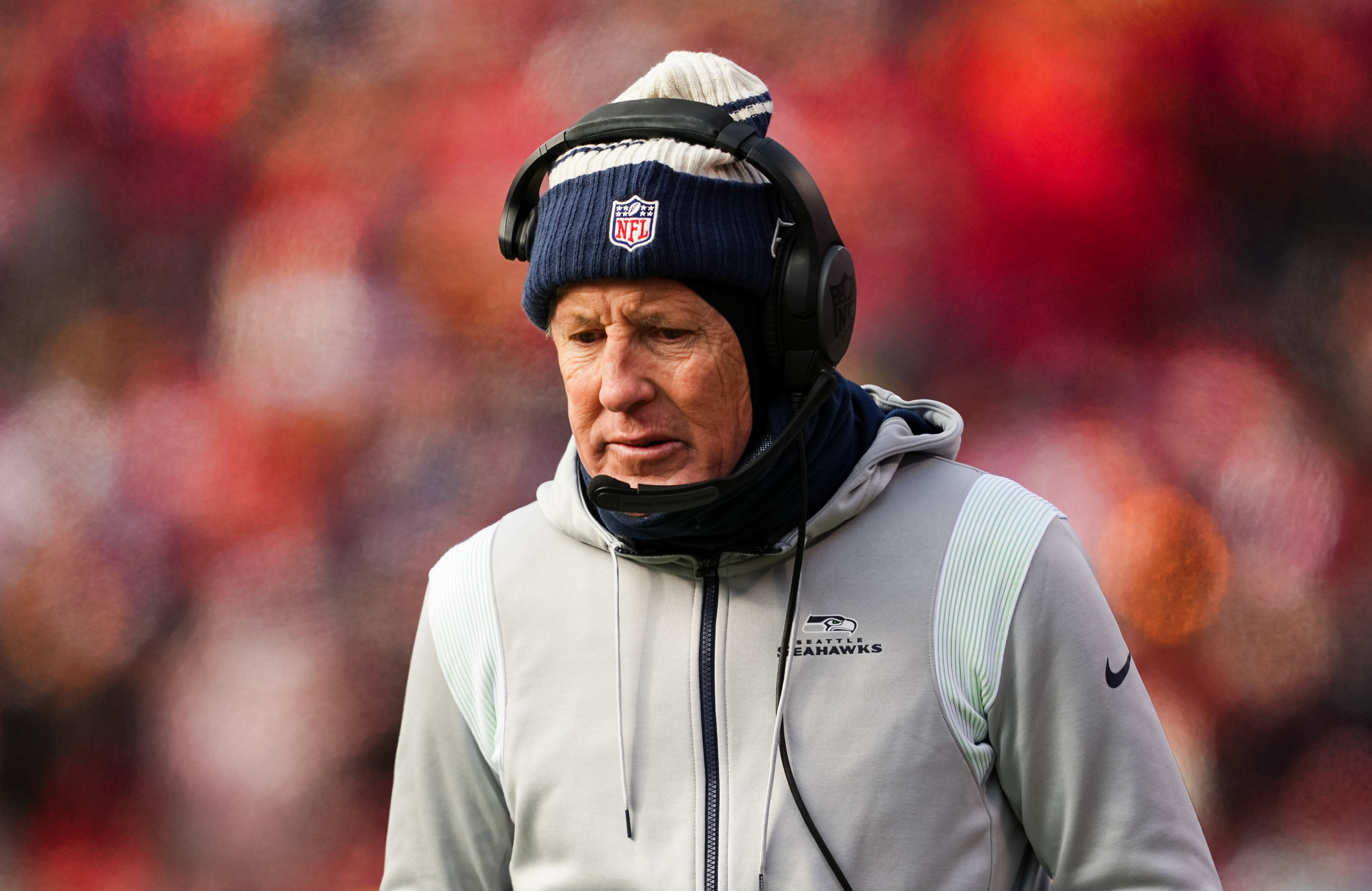 Dec 24, 2022; Kansas City, Missouri, USA; Seattle Seahawks head coach Pete Carroll reacts on the sideline during the second half against the Kansas City Chiefs at GEHA Field at Arrowhead Stadium.