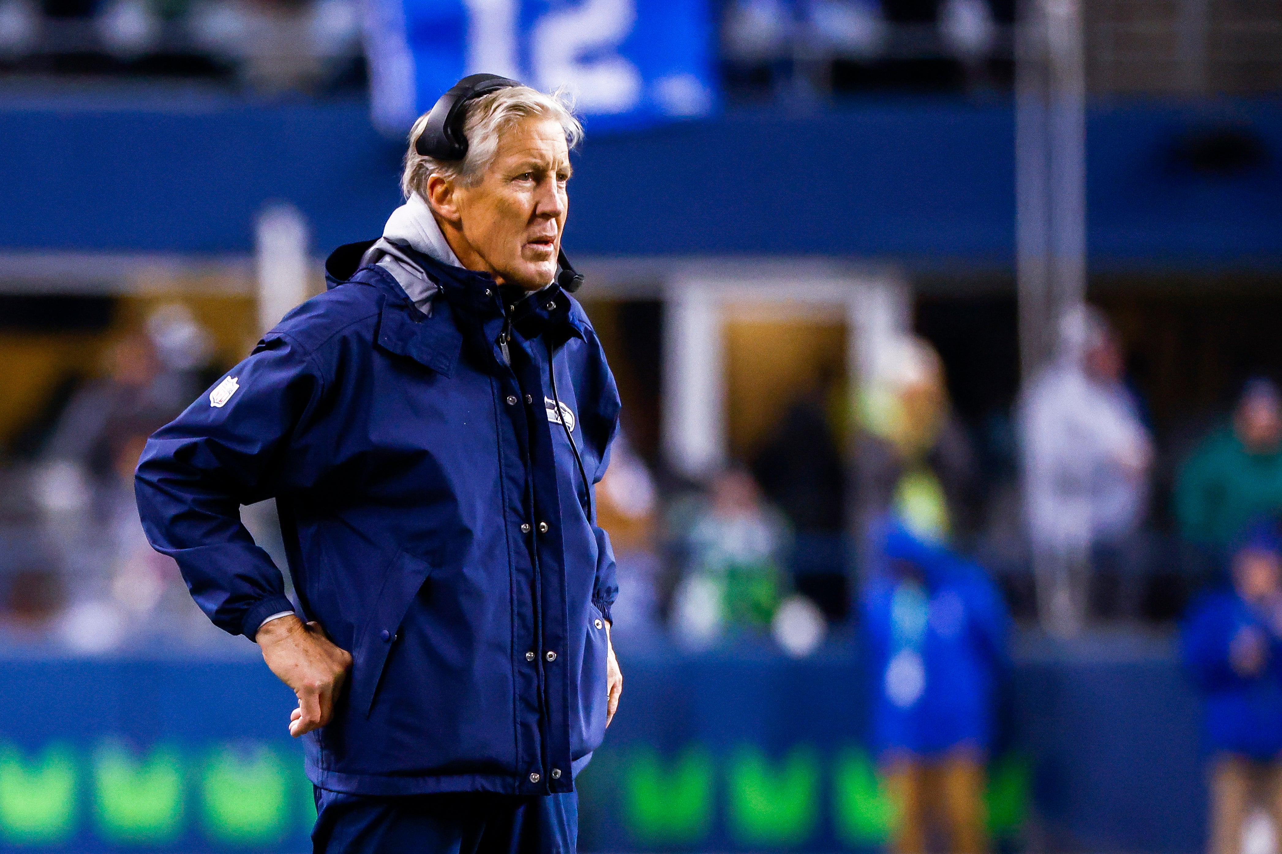 Dec 15, 2022; Seattle, Washington, USA; Seattle Seahawks head coach Pete Carroll stands on the sideline during the fourth quarter against the San Francisco 49ers at Lumen Field.