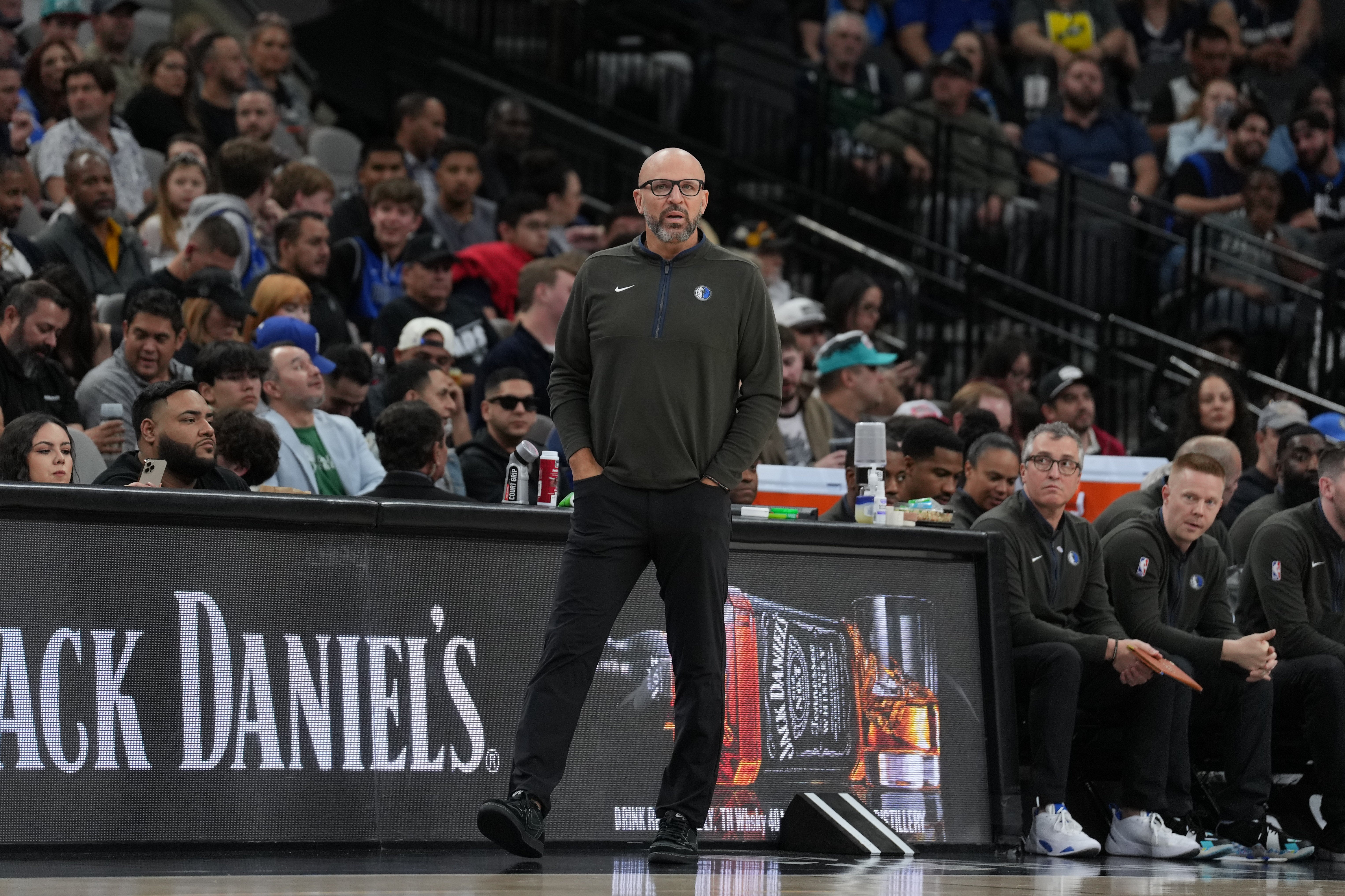 Mar 15, 2023; San Antonio, Texas, USA; Dallas Mavericks head coach Jason Kidd looks on in the second half against the San Antonio Spurs at the AT&T Center.