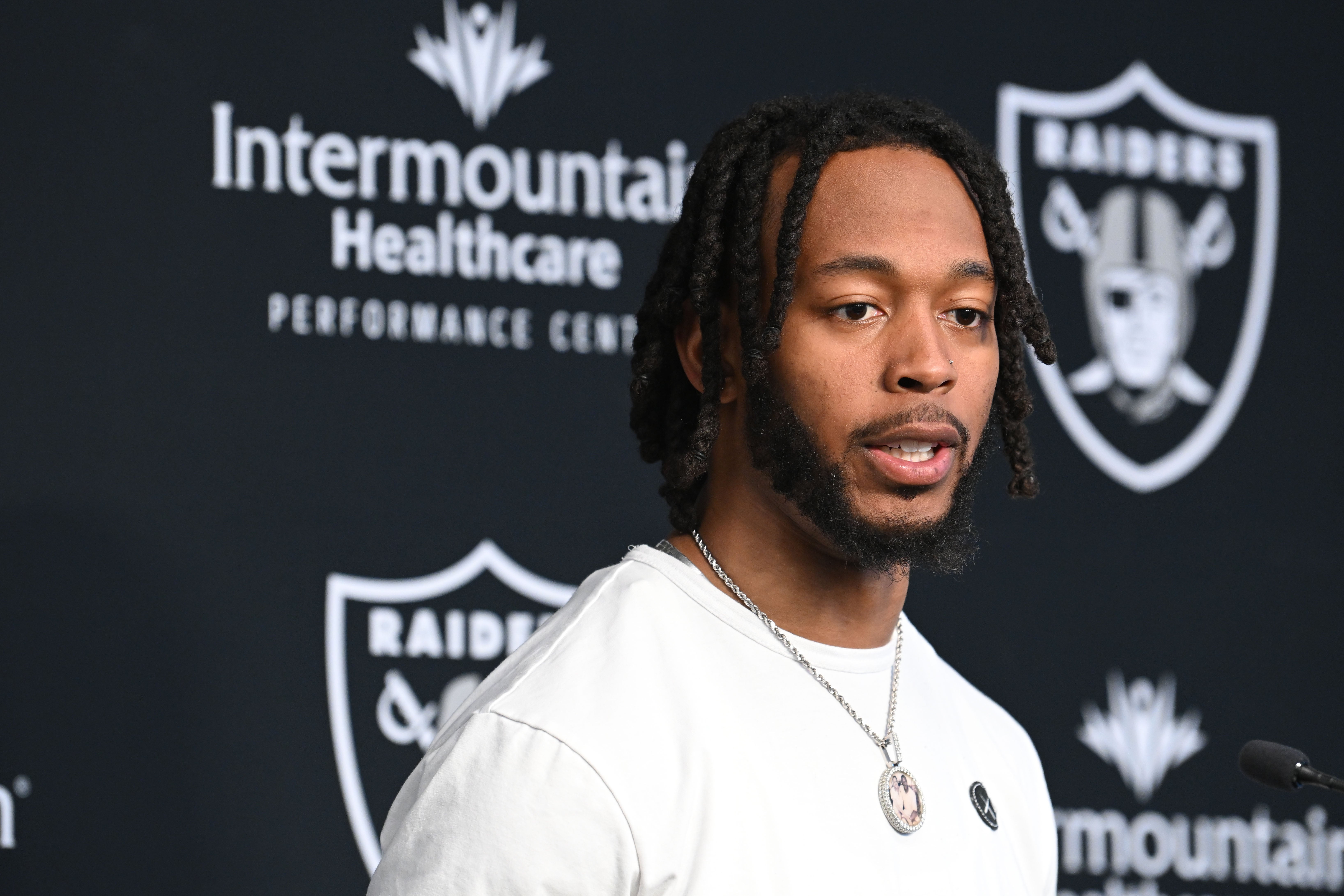 Mar 16, 2023; Henderson, NV, USA; New Las Vegas Raiders wide receiver Jakobi Meyers speaks to the media at Intermountain Healthcare Performance Center.