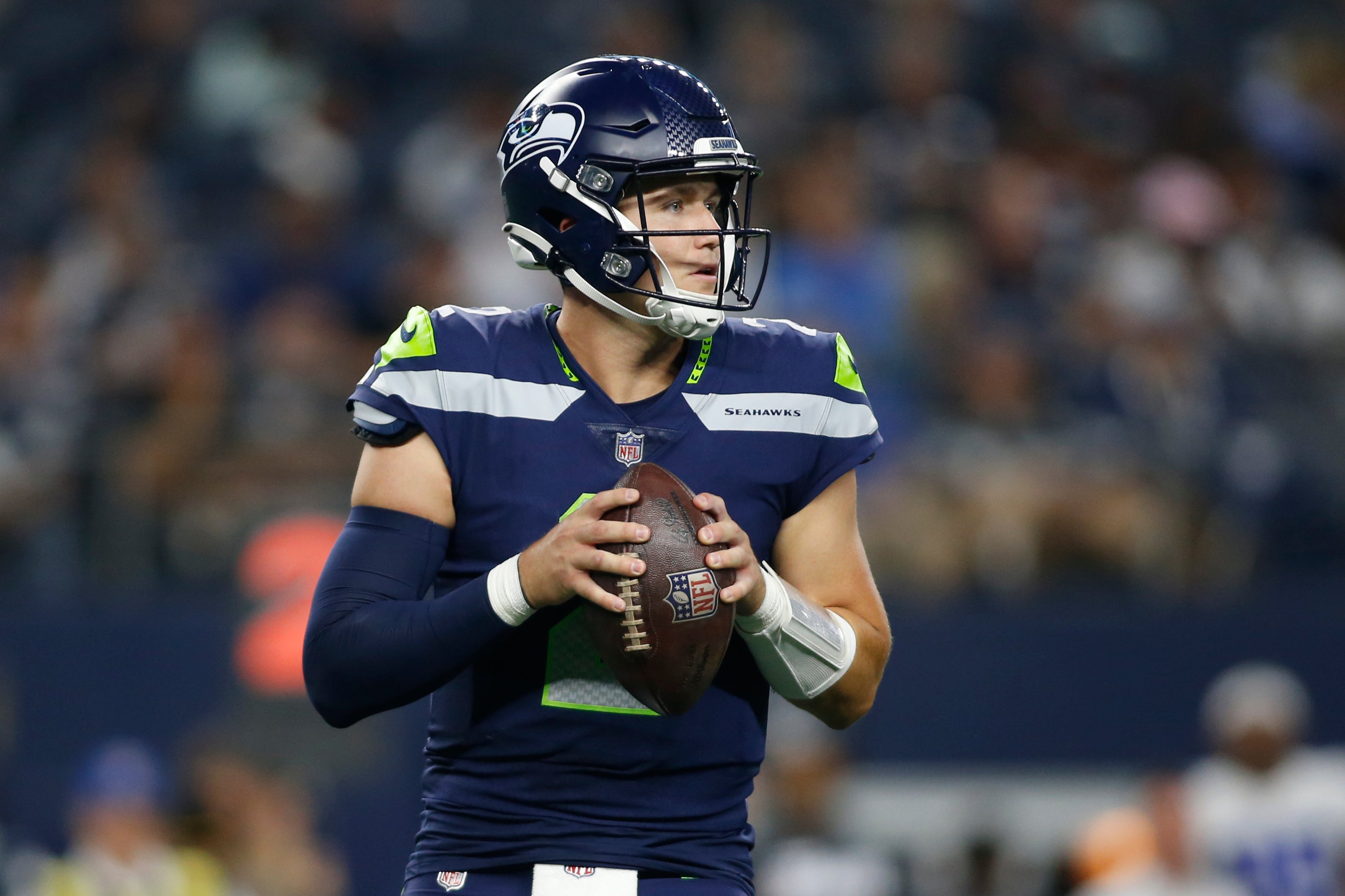 Aug 26, 2022; Arlington, Texas, USA; Seattle Seahawks quarterback Drew Lock (2) in the pocket in the second quarter against the Dallas Cowboys at AT&T Stadium.