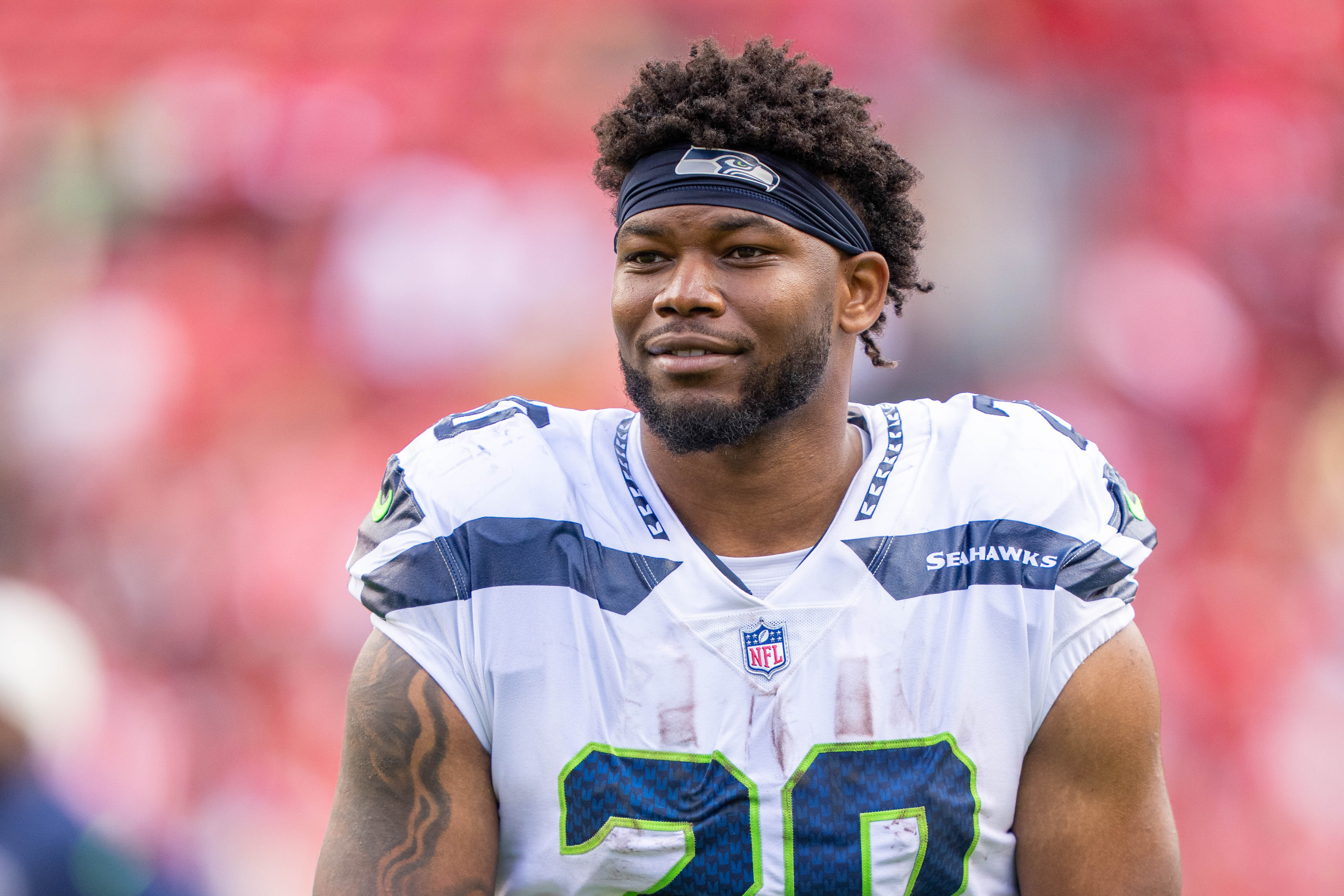 September 18, 2022; Santa Clara, California, USA; Seattle Seahawks running back Rashaad Penny (20) after the game against the San Francisco 49ers at Levi's Stadium.