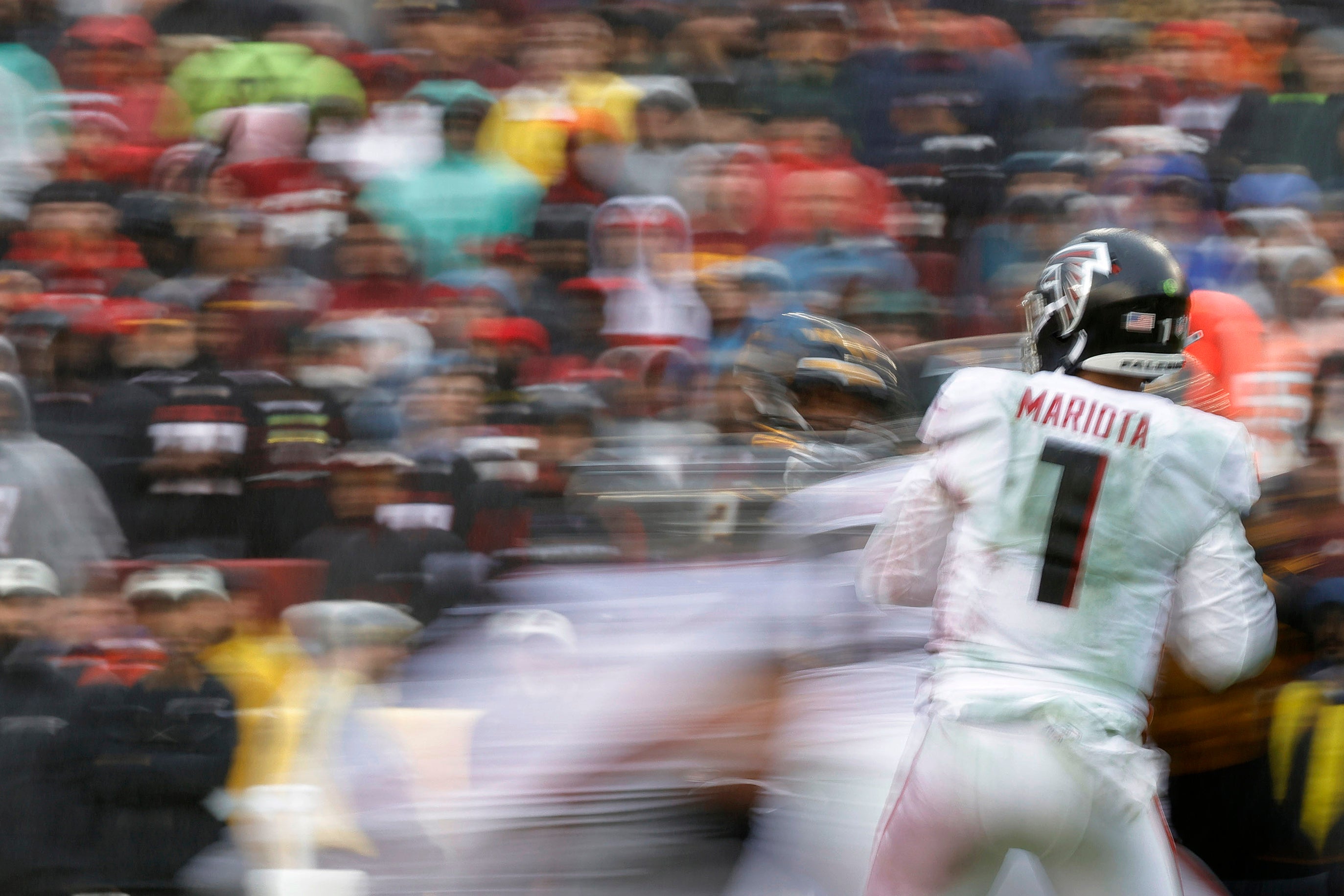 Nov 27, 2022; Landover, Maryland, USA; Atlanta Falcons quarterback Marcus Mariota (1) prepares to pass the ball against the Washington Commanders at FedExField.