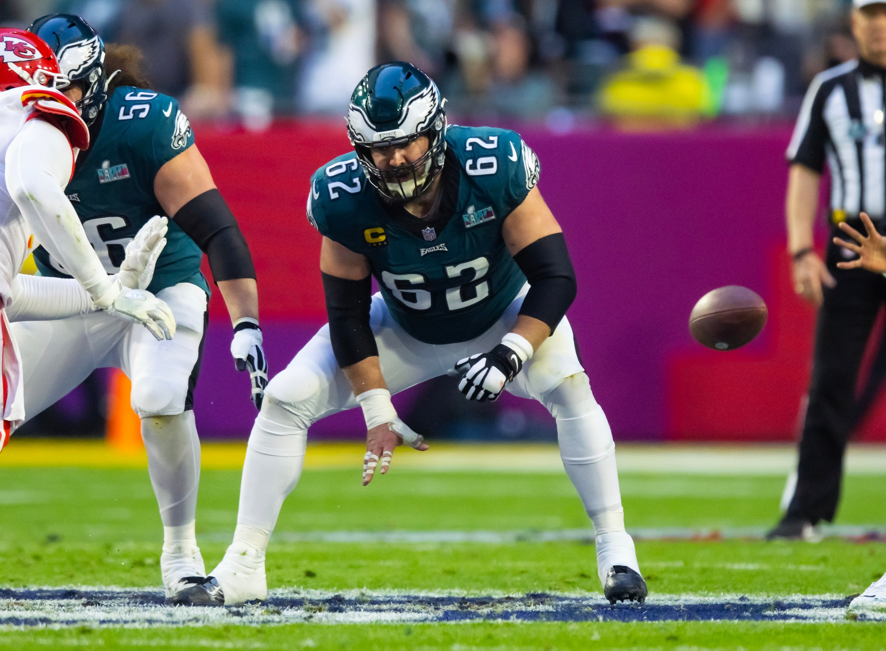 Feb 12, 2023; Glendale, Arizona, US; Philadelphia Eagles center Jason Kelce (62) against the Kansas City Chiefs during Super Bowl LVII at State Farm Stadium.
