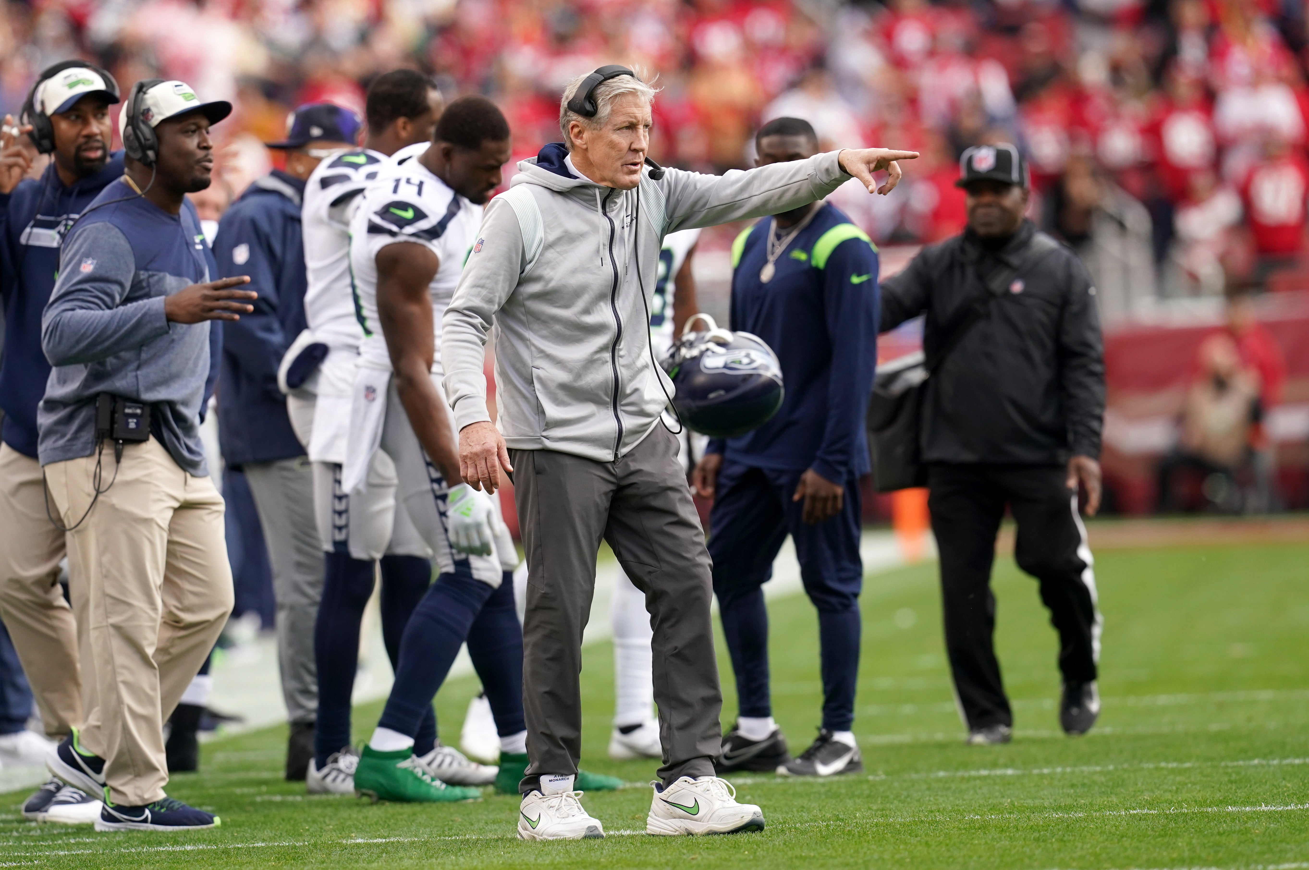 Jan 14, 2023; Santa Clara, California, USA; Seattle Seahawks head coach Pete Carroll gestures from the sidelines in the third quarter of a wild card game against the San Francisco 49ers at Levi's Stadium.