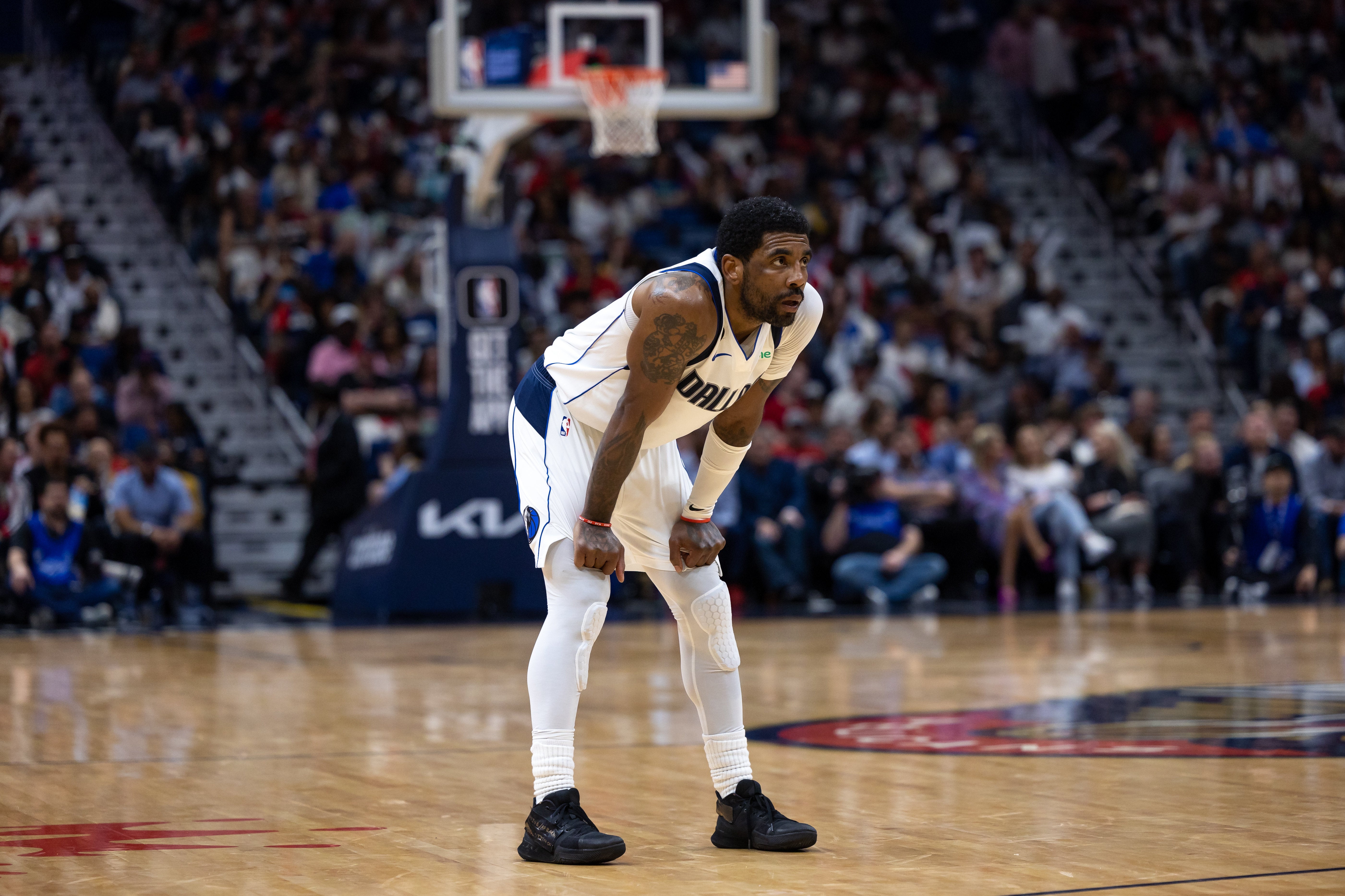 Mar 8, 2023; New Orleans, Louisiana, USA; Dallas Mavericks guard Kyrie Irving (2) waits for a free throw against the New Orleans Pelicans during the second half at Smoothie King Center.