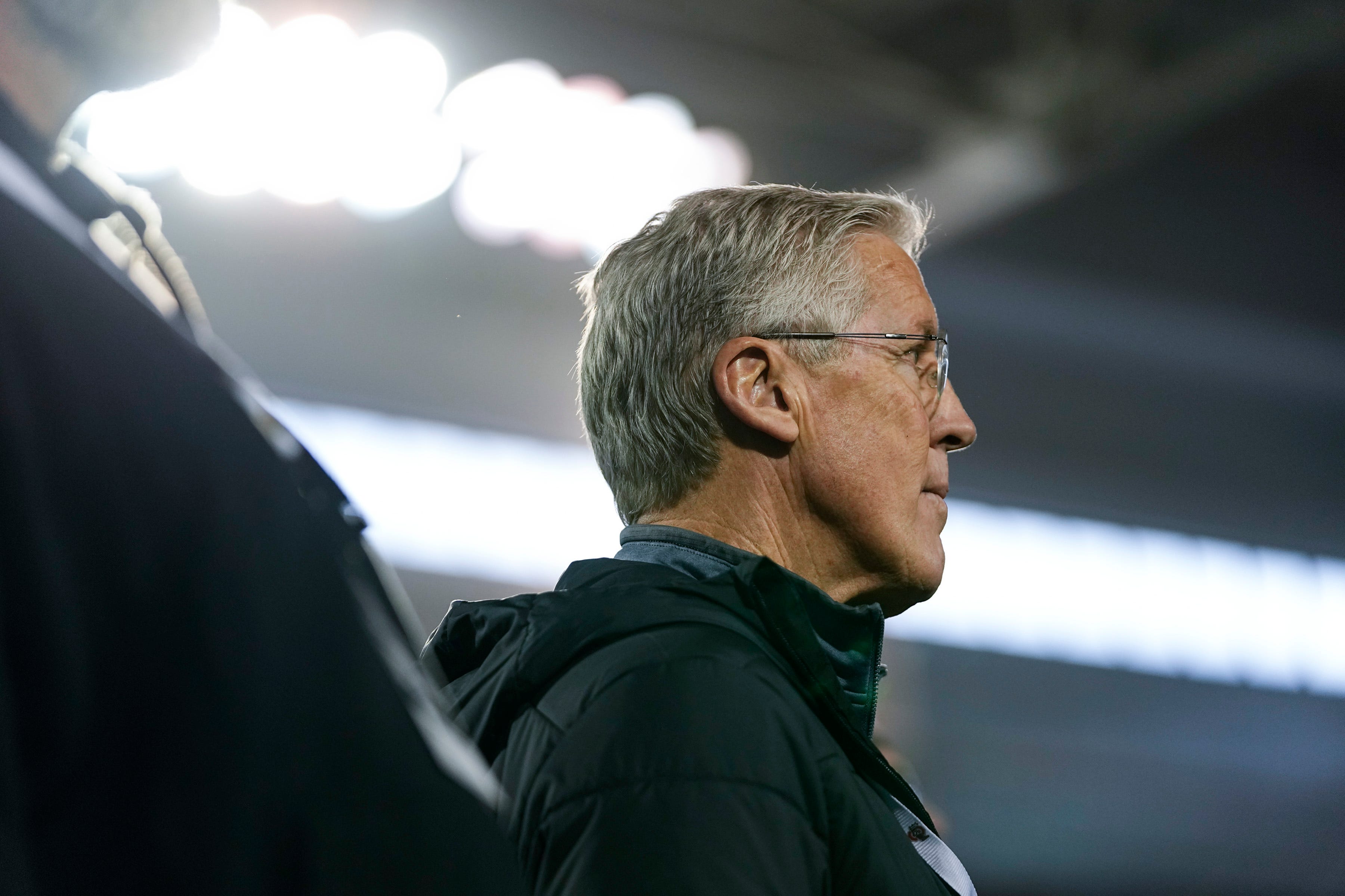 Seattle Seahawks head coach Pete Carroll watches during Ohio State football s pro day at the Woody Hayes Athletic Center in Columbus on March 22, 2023. Football Ceb Osufb Pro Day.