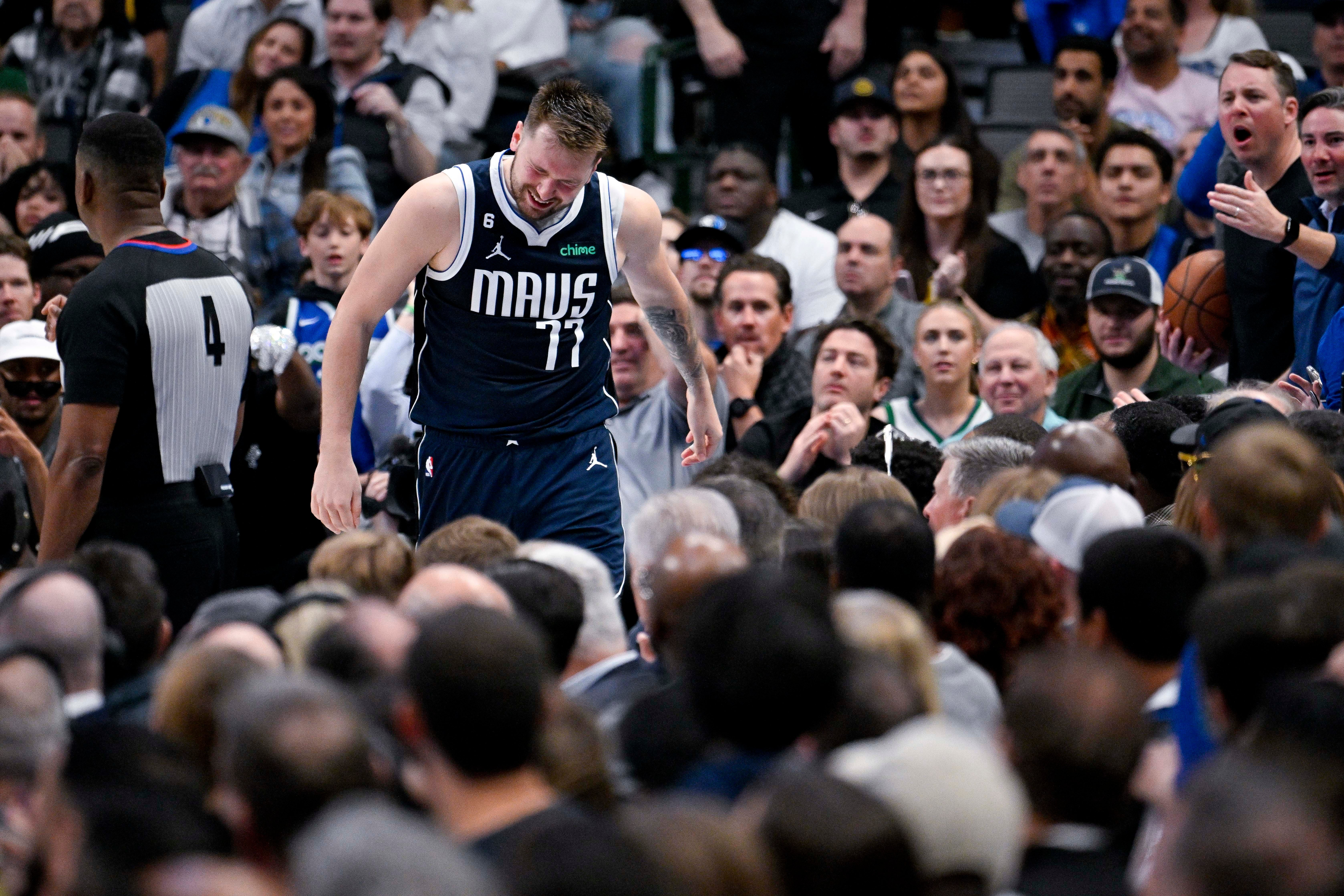 Mar 22, 2023; Dallas, Texas, USA; Dallas Mavericks guard Luka Doncic (77) reacts to a foul call during the second half against the Golden State Warriors at the American Airlines Center.
