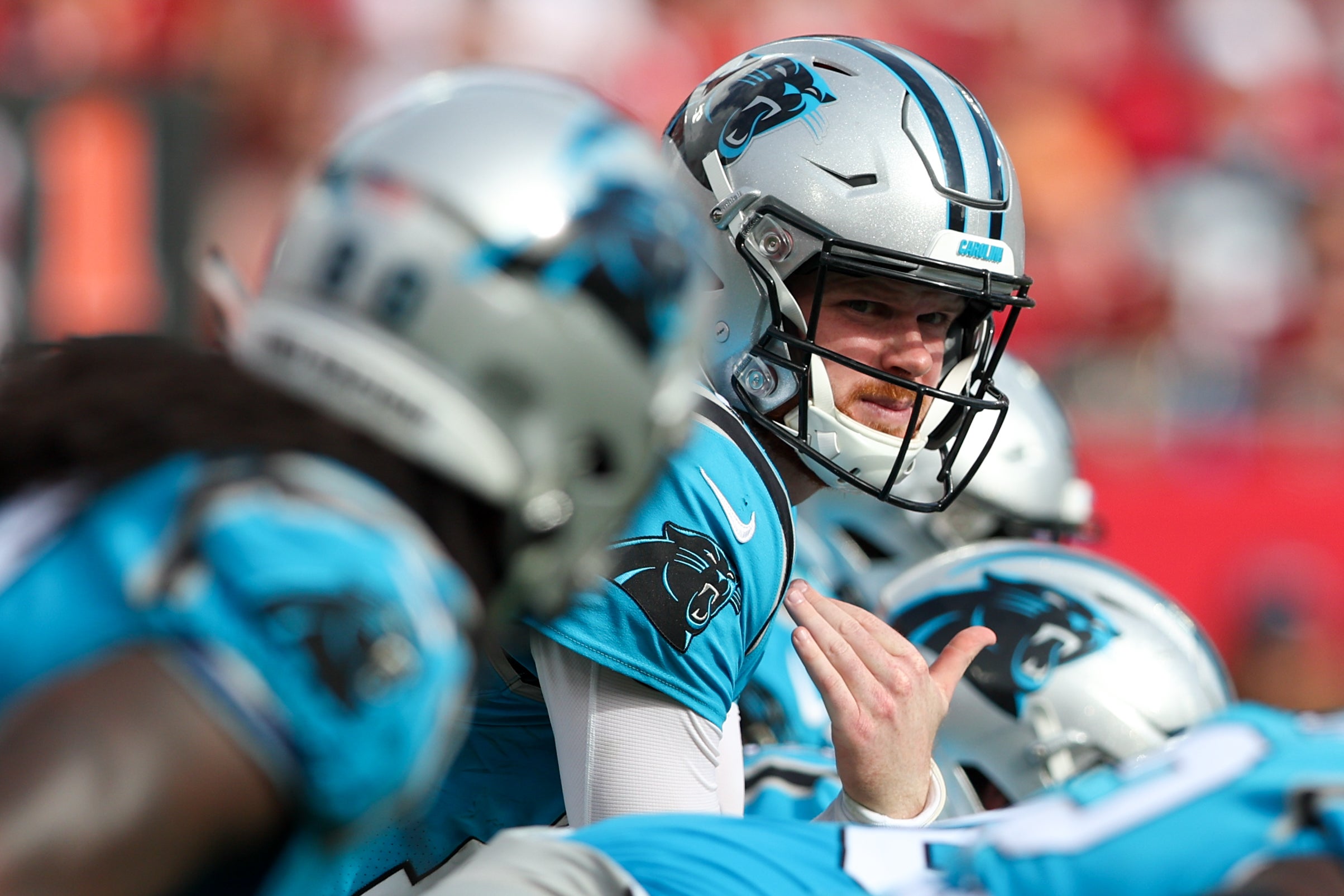 Jan 1, 2023; Tampa, Florida, USA; Carolina Panthers quarterback Sam Darnold (14) calls a play at the line against the Tampa Bay Buccaneers in the third quarter at Raymond James Stadium.