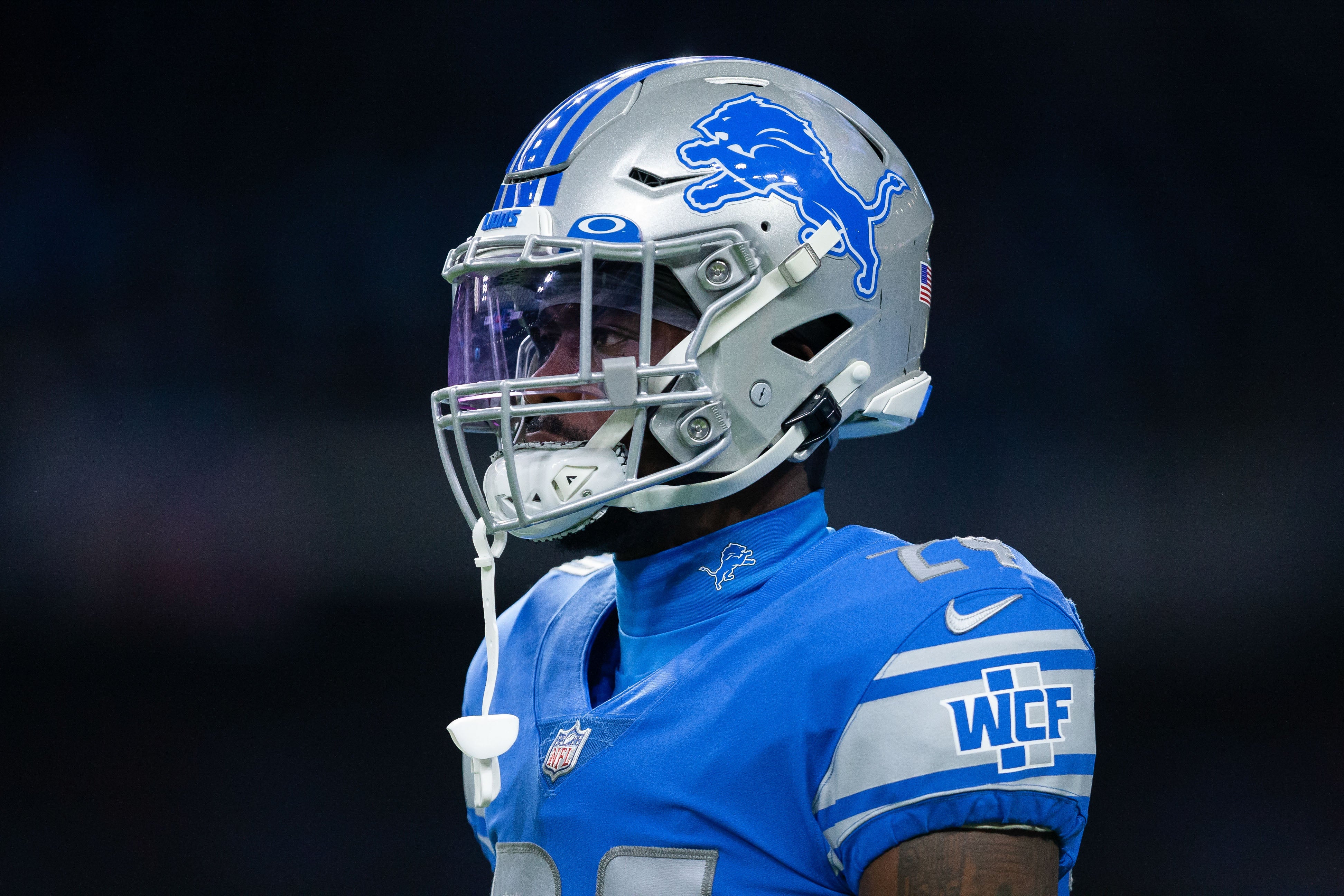 Oct 31, 2021; Detroit, Michigan, USA; Detroit Lions cornerback Amani Oruwariye (24) before the game against the Philadelphia Eagles at Ford Field. Mandatory Credit: Raj Mehta-USA TODAY Sports