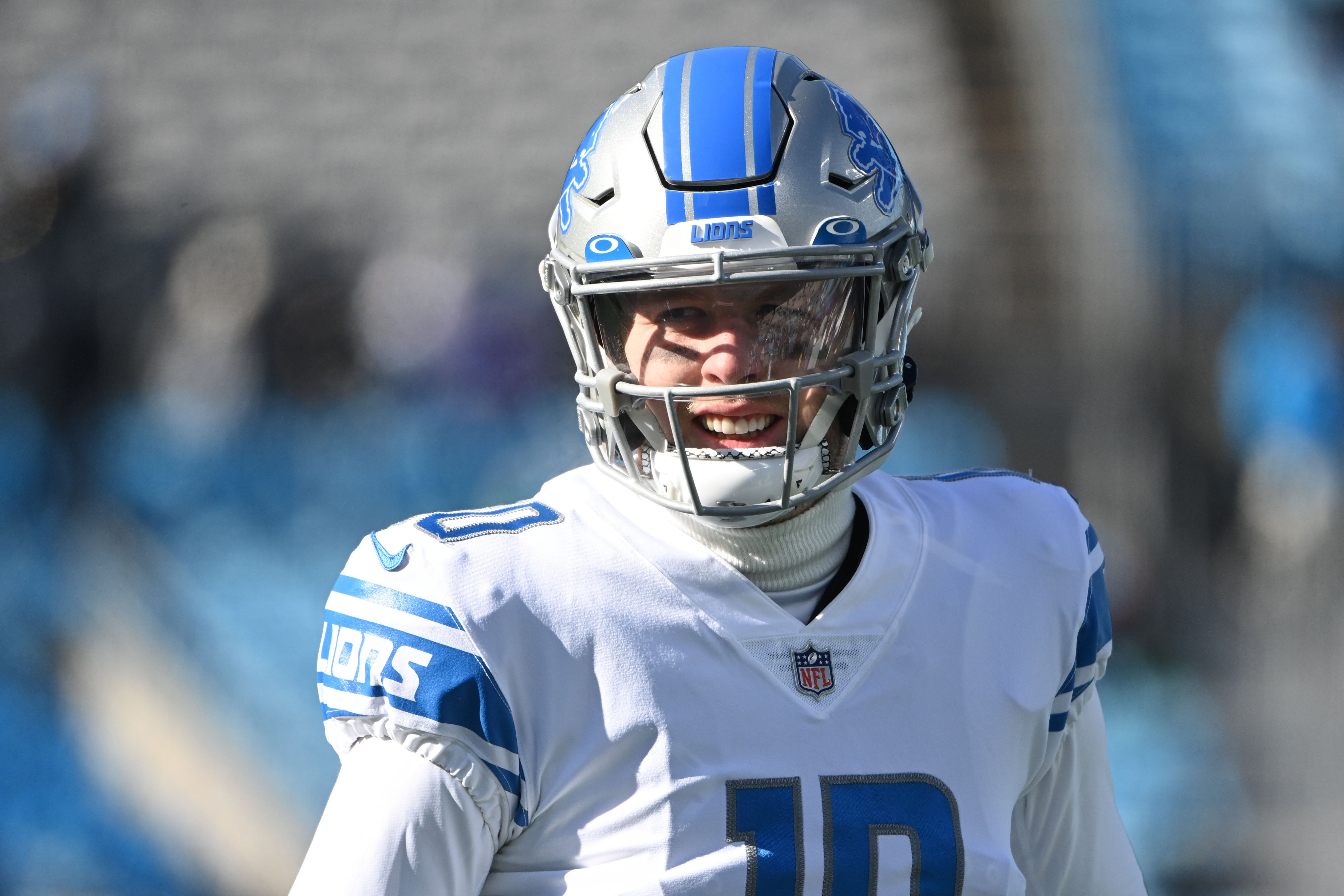 Dec 24, 2022; Charlotte, North Carolina, USA; Detroit Lions quarterback Nate Sudfeld (10) on the field during warm ups at Bank of America Stadium. Mandatory Credit: Bob Donnan-USA TODAY Sports