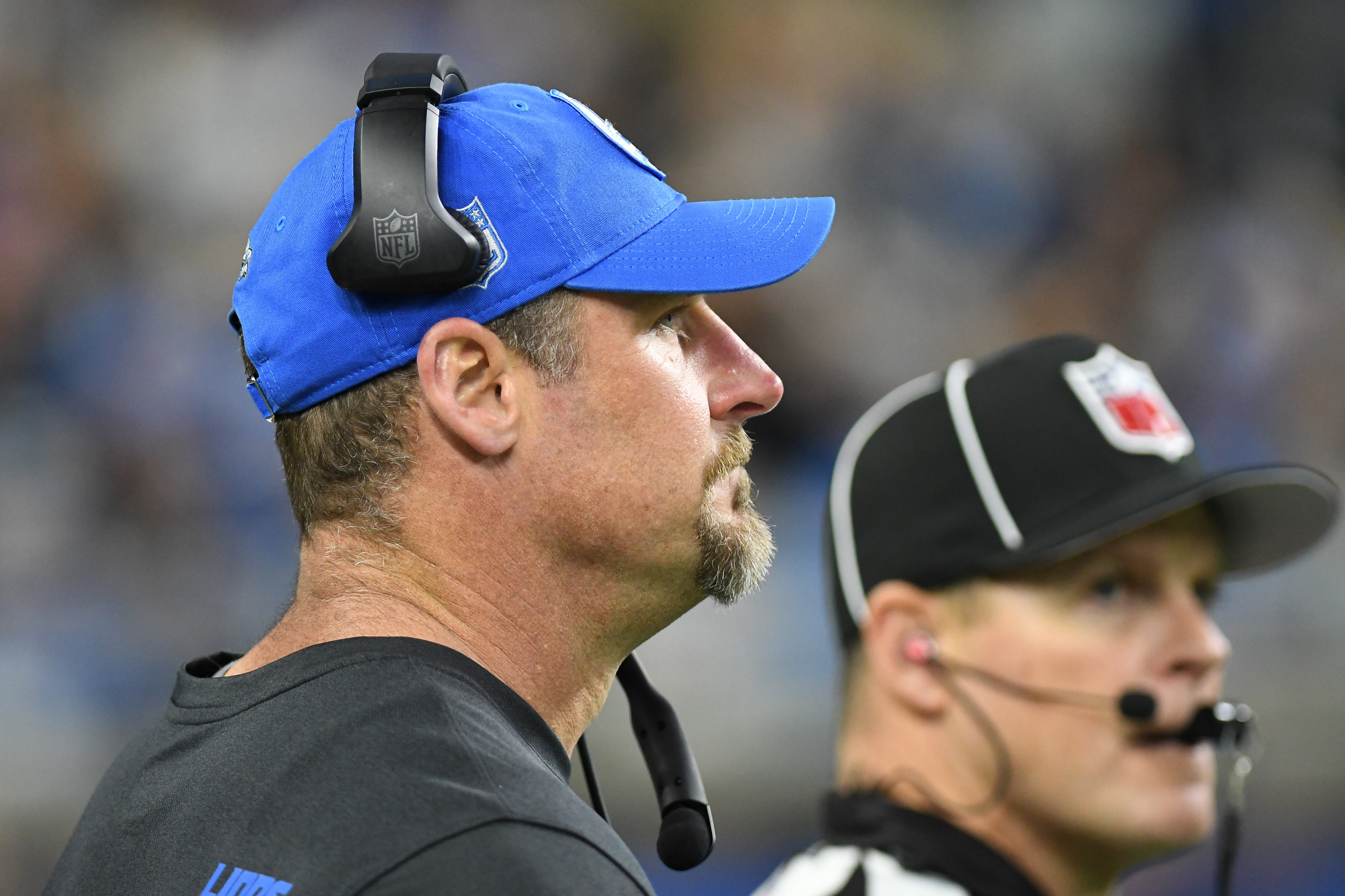 Jan 1, 2023; Detroit, Michigan, USA; Detroit Lions head coach Dan Campbell waits for the clock to run down before calling a timeout against the Chicago Bears in the second quarter at Ford Field. Mandatory Credit: Lon Horwedel-USA TODAY Sports