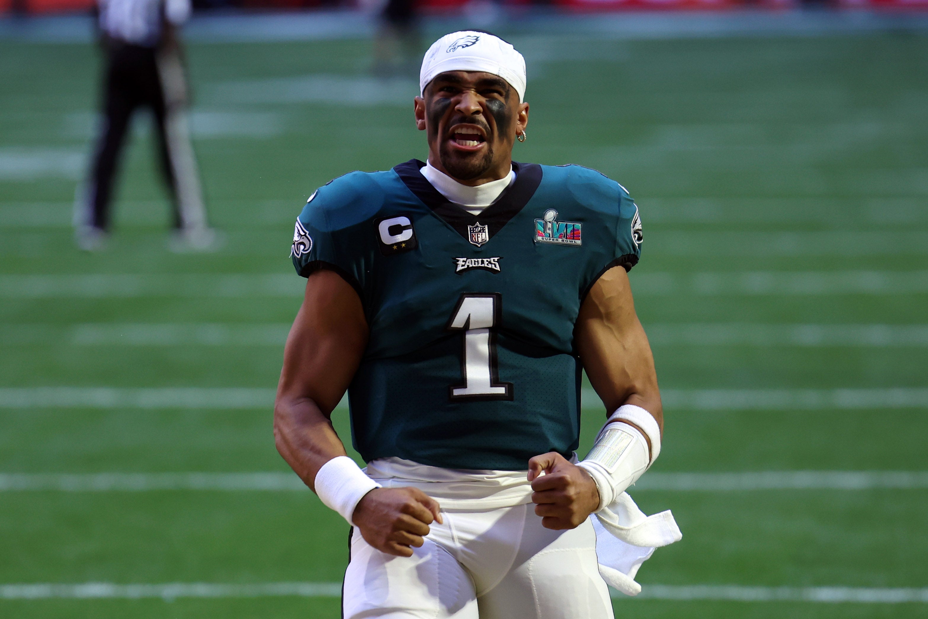 Feb 12, 2023; Glendale, Arizona, US; Philadelphia Eagles quarterback Jalen Hurts (1) reacts before the start of Super Bowl LVII against the Kansas City Chiefs at State Farm Stadium.