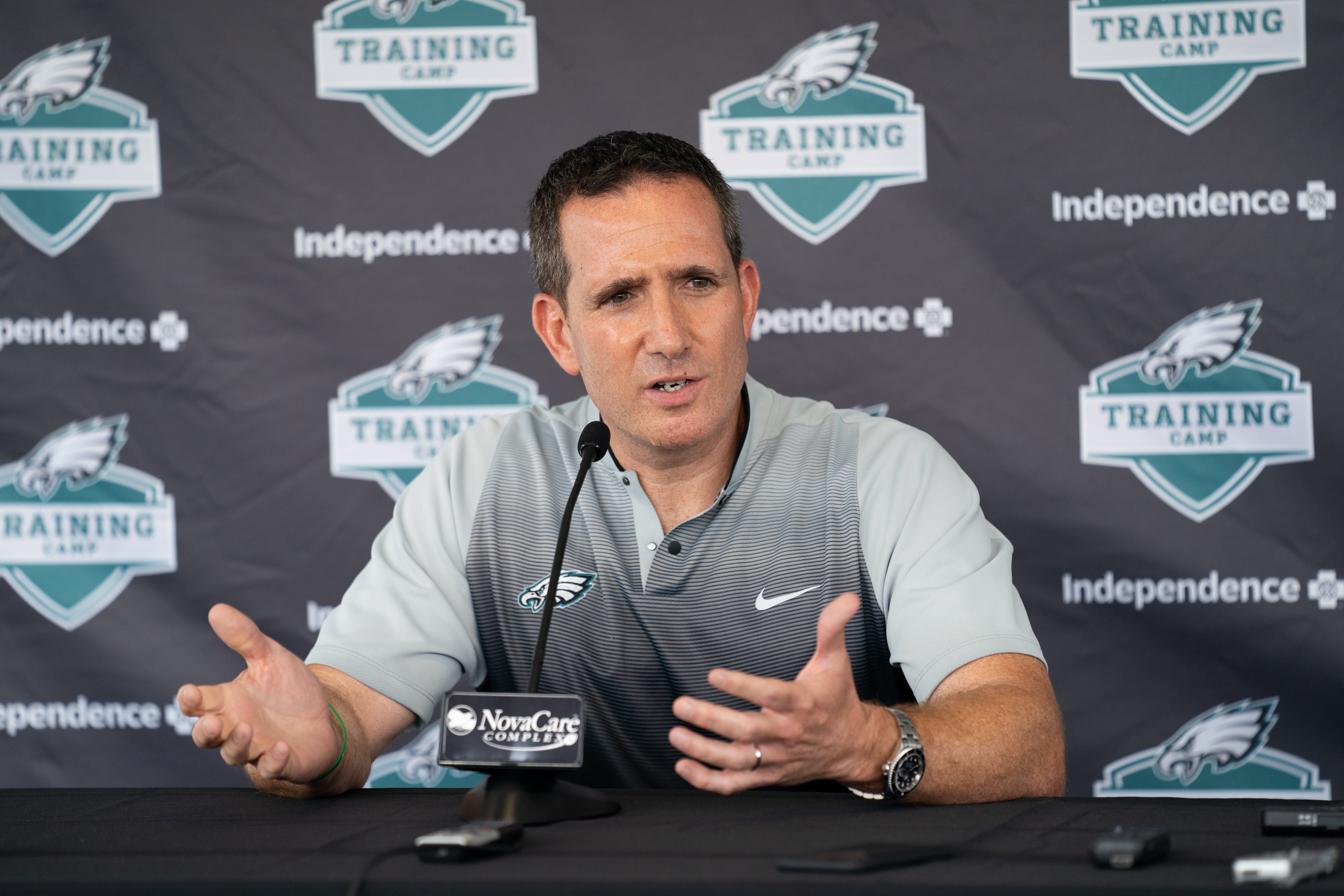Jul 28, 2021; Philadelphia, PA, USA; Philadelphia Eagles general manager Howie Roseman speaks with the media at training camp at NovaCare Complex.