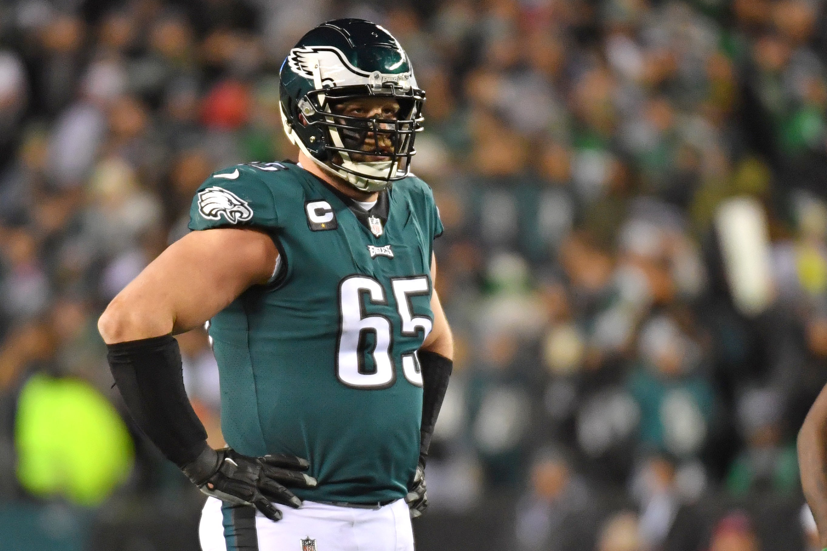 Jan 21, 2023; Philadelphia, Pennsylvania, USA;Philadelphia Eagles offensive tackle Lane Johnson (65) against the New York Giants during an NFC divisional round game at Lincoln Financial Field.