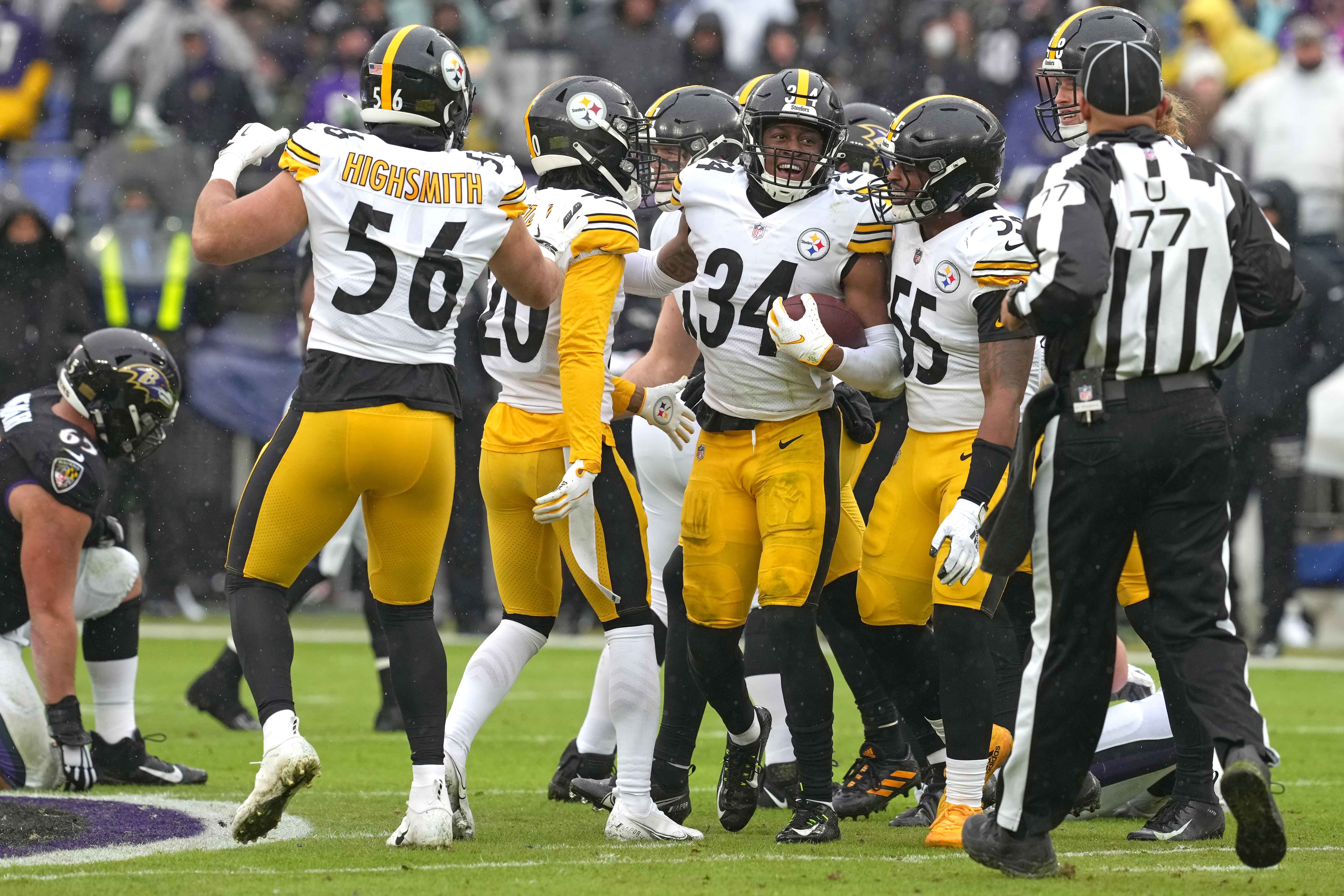 Jan 9, 2022; Baltimore, Maryland, USA; Pittsburgh Steelers safety Terrell Edmunds (34) reacts following his first quarter interception against the Baltimore Ravens at M&T Bank Stadium.