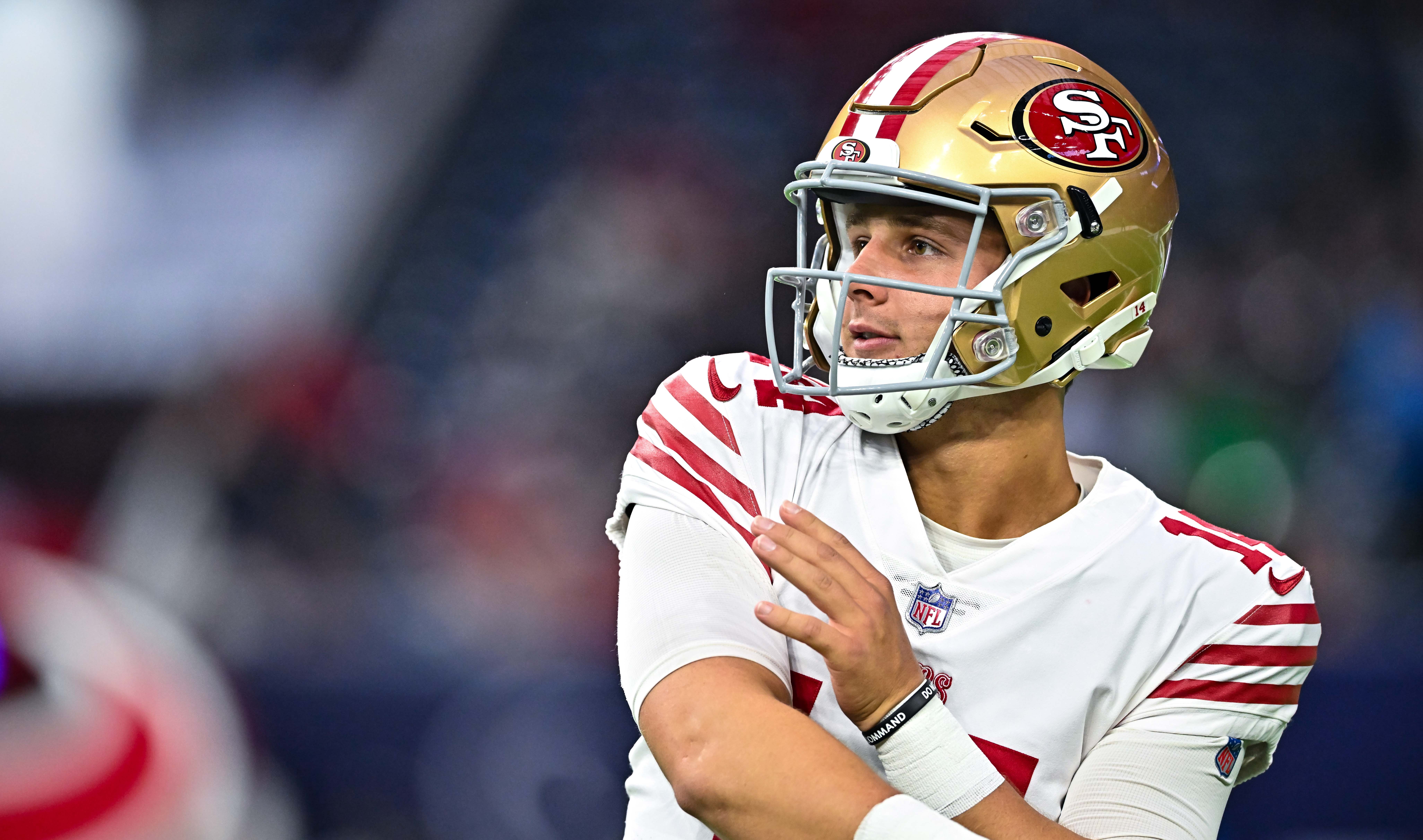 Aug 25, 2022; Houston, Texas, USA; San Francisco 49ers quarterback Brock Purdy (14) warming up prior to the game against the Houston Texans at NRG Stadium.