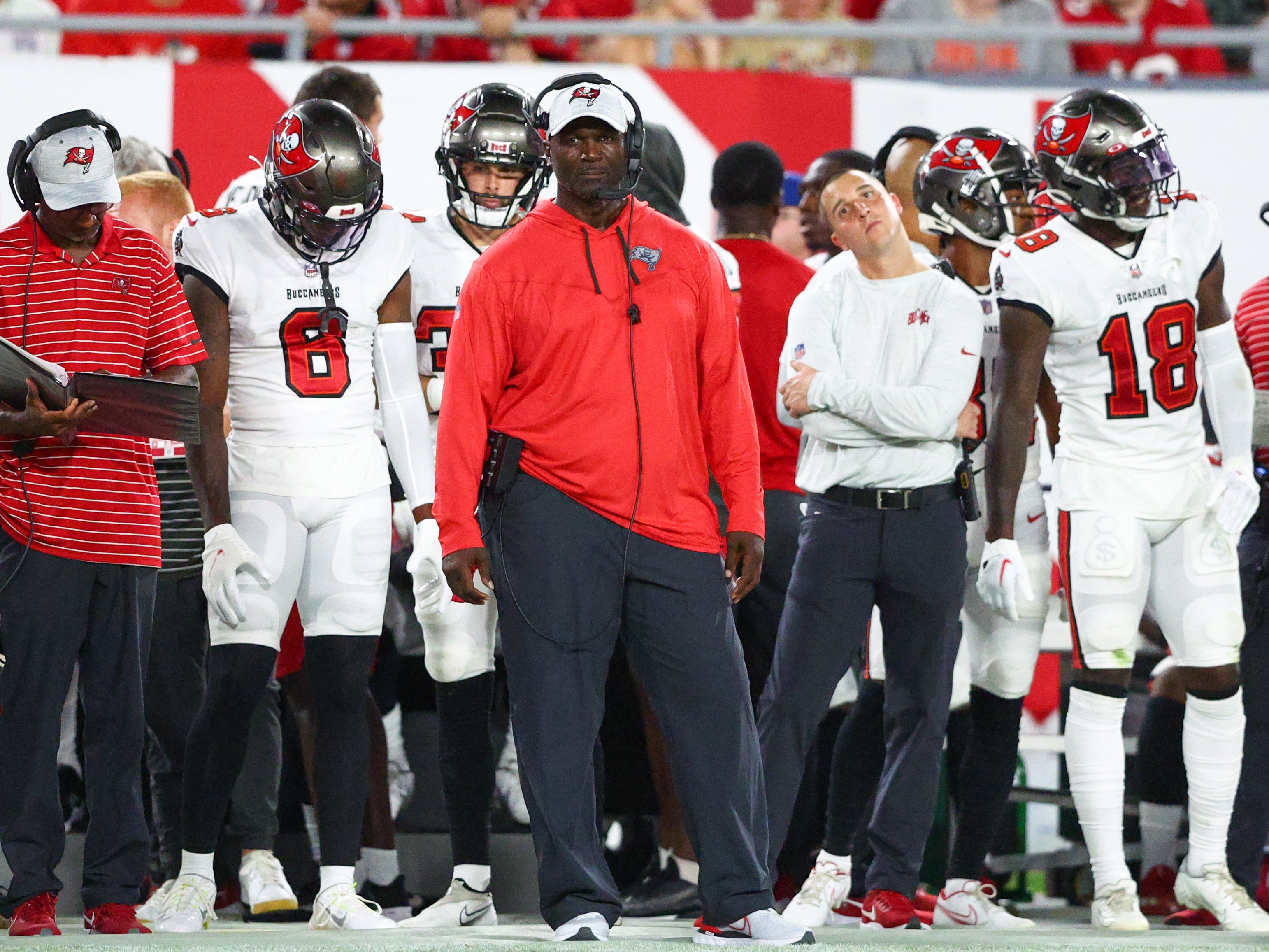 Aug 13, 2022; Tampa, Florida, USA; Tampa Bay Buccaneers head coach Todd Bowles looks on from the sideline against the Miami Dolphins in the second quarter during preseason at Raymond James Stadium. Mandatory Credit: Nathan Ray Seebeck-USA TODAY Sports