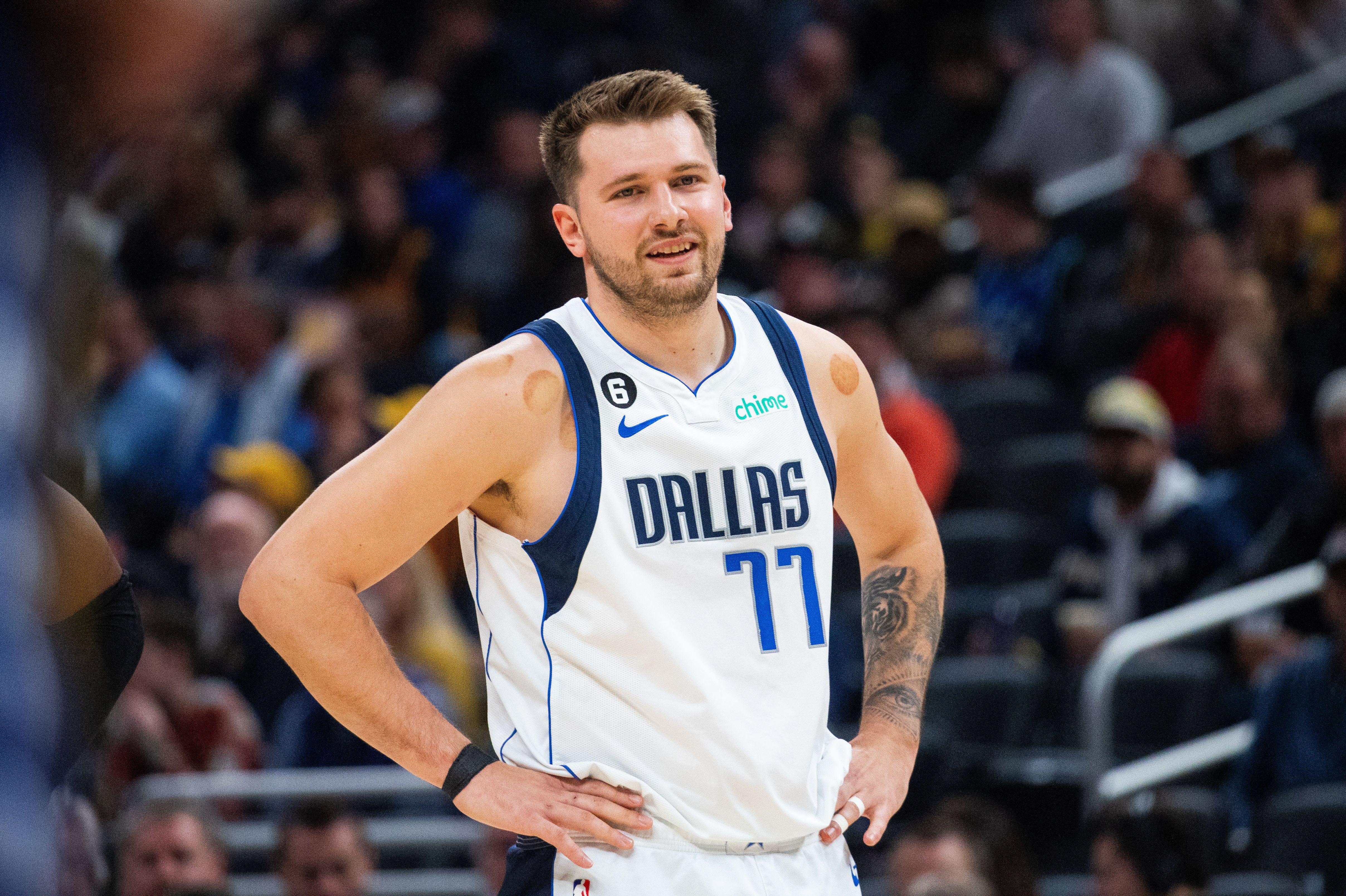 Mar 27, 2023; Indianapolis, Indiana, USA; Dallas Mavericks guard Luka Doncic (77) in the first quarter against the Indiana Pacers at Gainbridge Fieldhouse.