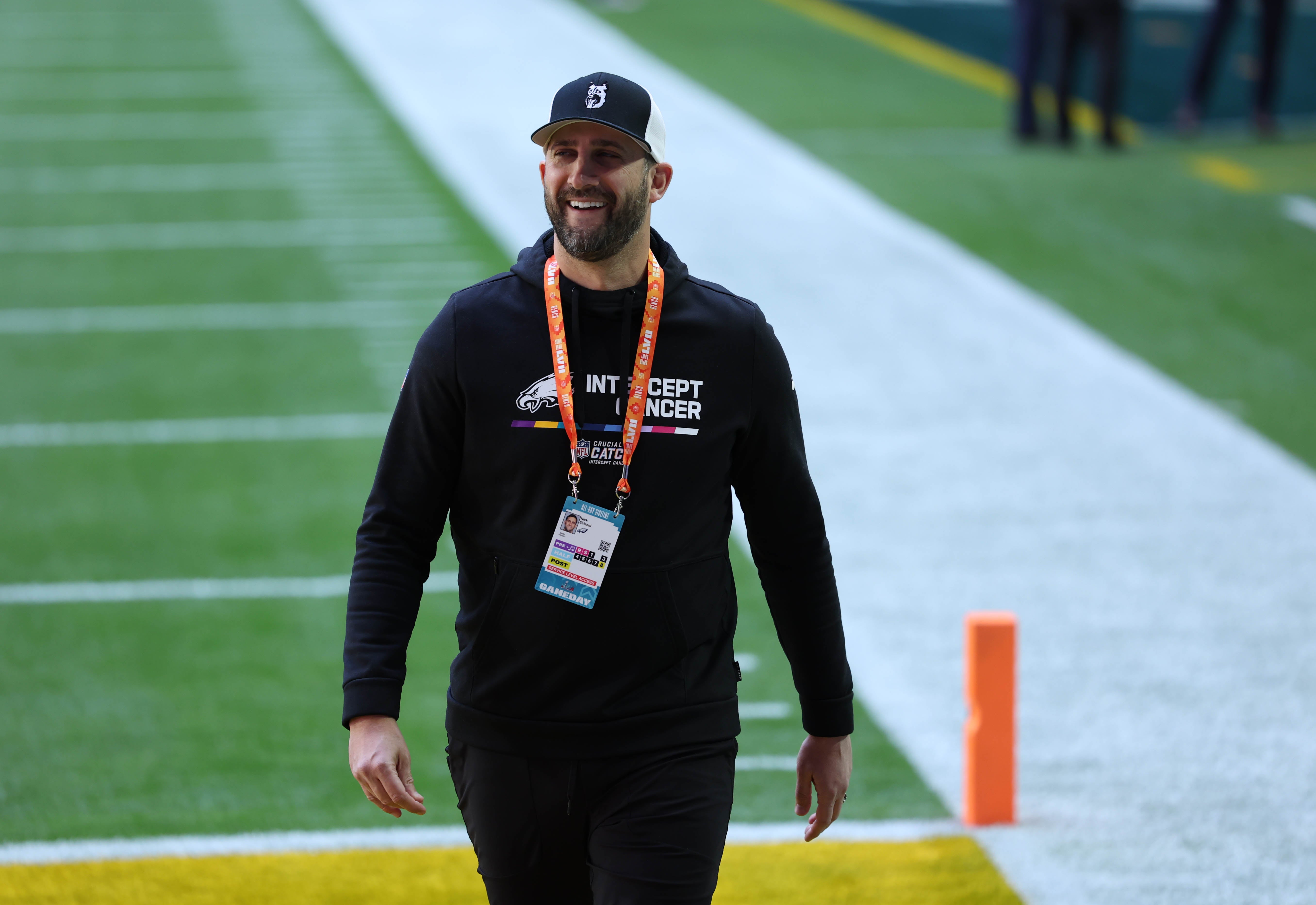 Feb 12, 2023; Glendale, Arizona, US; Philadelphia Eagles head coach Nick Sirianni arrives on the field before Super Bowl LVII against the Kansas City Chiefs at State Farm Stadium. Mandatory Credit: Bill Streicher-USA TODAY Sports