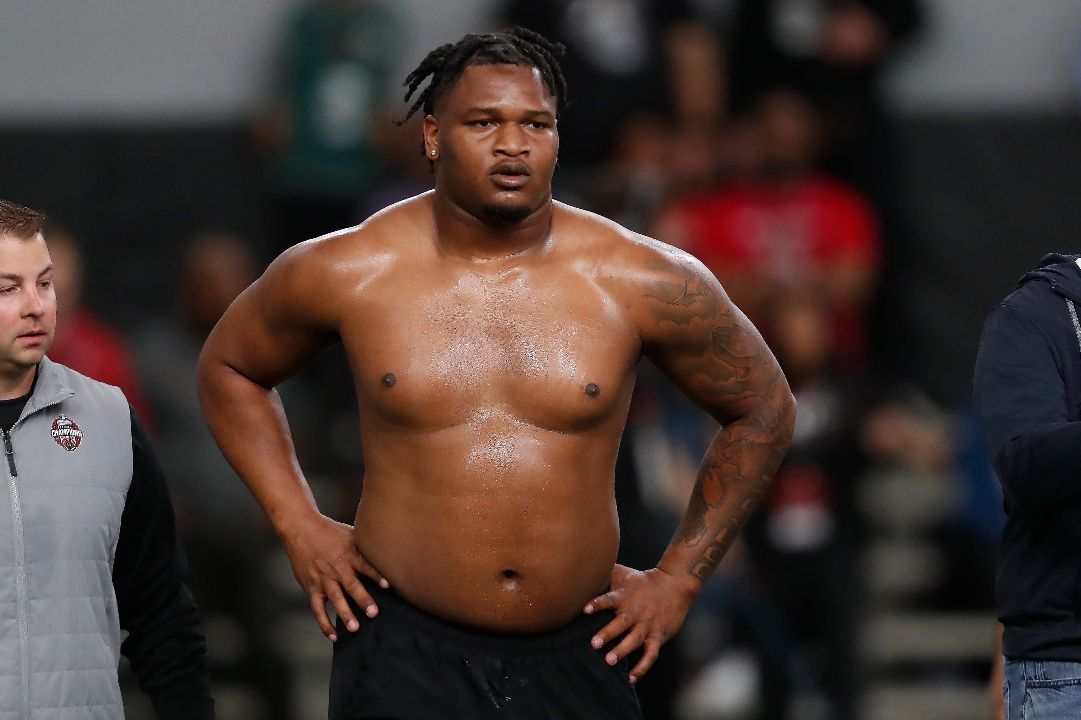 Georgia defensive lineman Jalen Carter (88) takes a break during UGA Pro Day in Athens, Ga., on Wednesday, March 15, 2023.