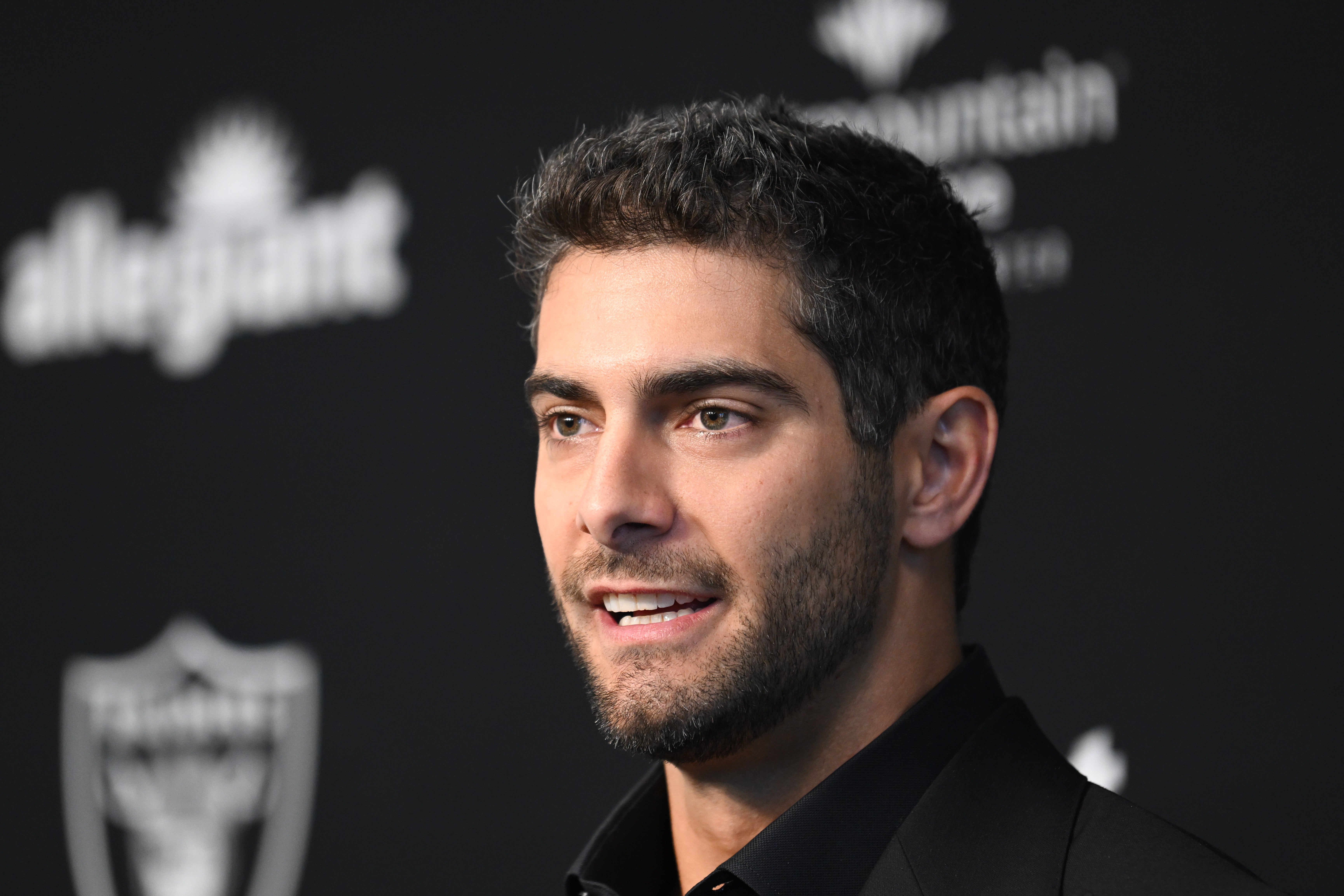 Mar 17, 2023; Henderson, NV, USA; New Las Vegas Raiders quarterback Jimmy Garoppolo speaks to the media at Intermountain Healthcare Performance Center.