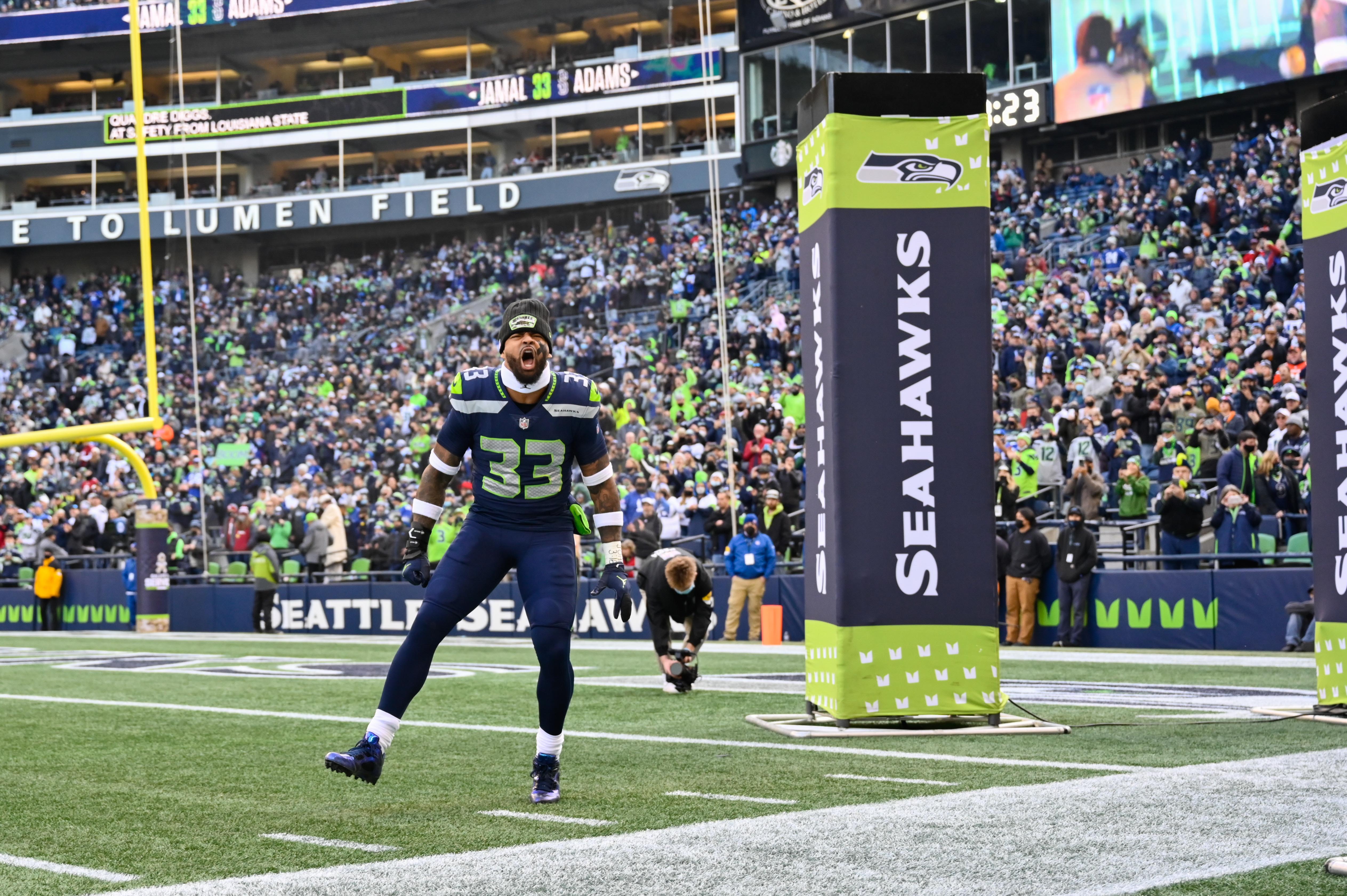 Nov 21, 2021; Seattle, Washington, USA; Seattle Seahawks safety Jamal Adams (33) pumps up the crowd prior to the game against the Arizona Cardinals at Lumen Field. Arizona defeated Seattle 23-13.